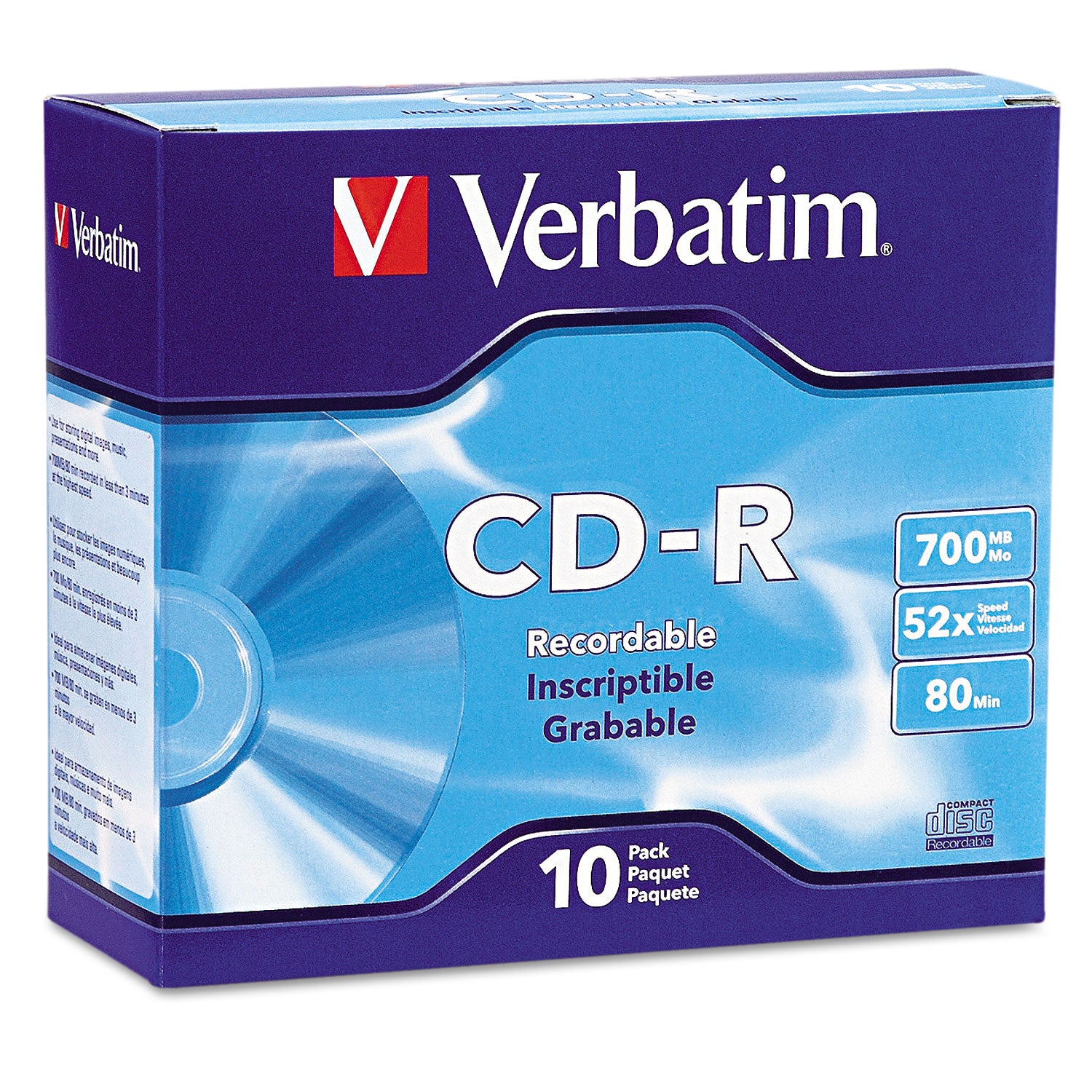 CD-R Recordable Disc, 700 MB/80 min, 52x, Slim Jewel Case, Silver, 10/Pack -
