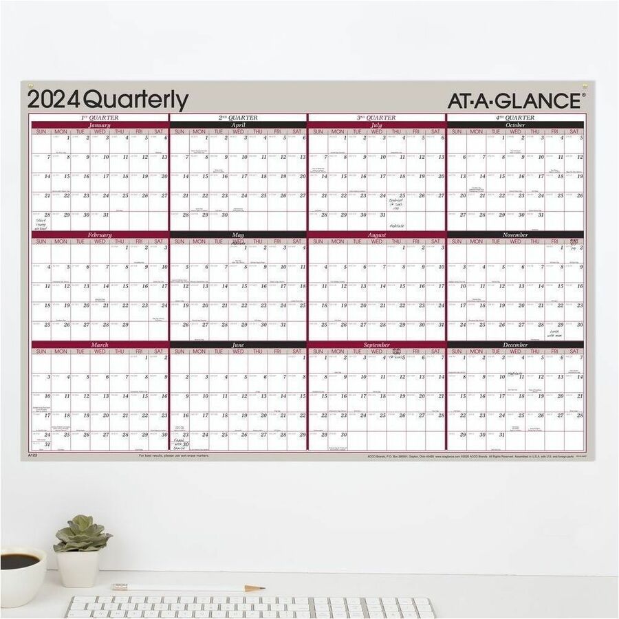 At-A-Glance Vertical Horizontal Reversible Erasable Quarterly Wall Calendar - Large Size - Julian Dates - Yearly, Quarterly - 12 Month - January 2024 - December 2024 - 24" x 36" White Sheet - 1" x 1.31" , 1.25" x 1.19" Block - Gray - Laminate - Erasa -