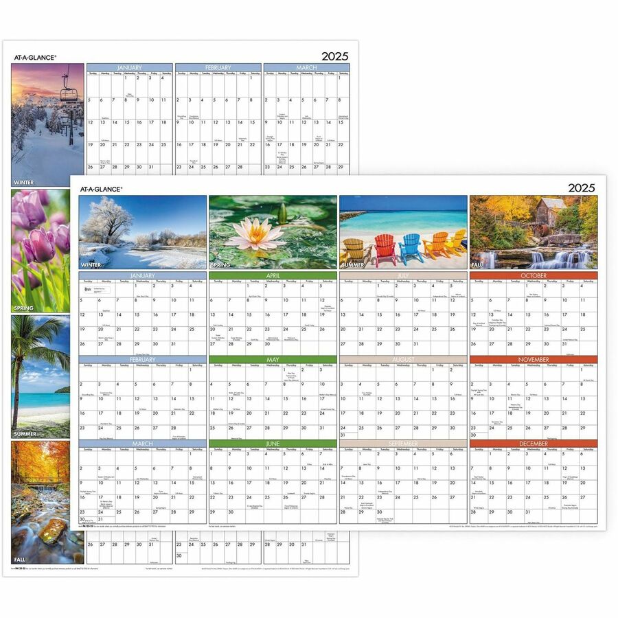 At-A-Glance Seasons in Bloom Horizontal Vertical Erasable Yearly Wall Calendar - Large Size - Yearly - 12 Month - January 2024 - December 2024 - 36" x 24" White Sheet - Multi - Laminate - Erasable, Reversible, Four-Color Photos for Each Season, Date - 1