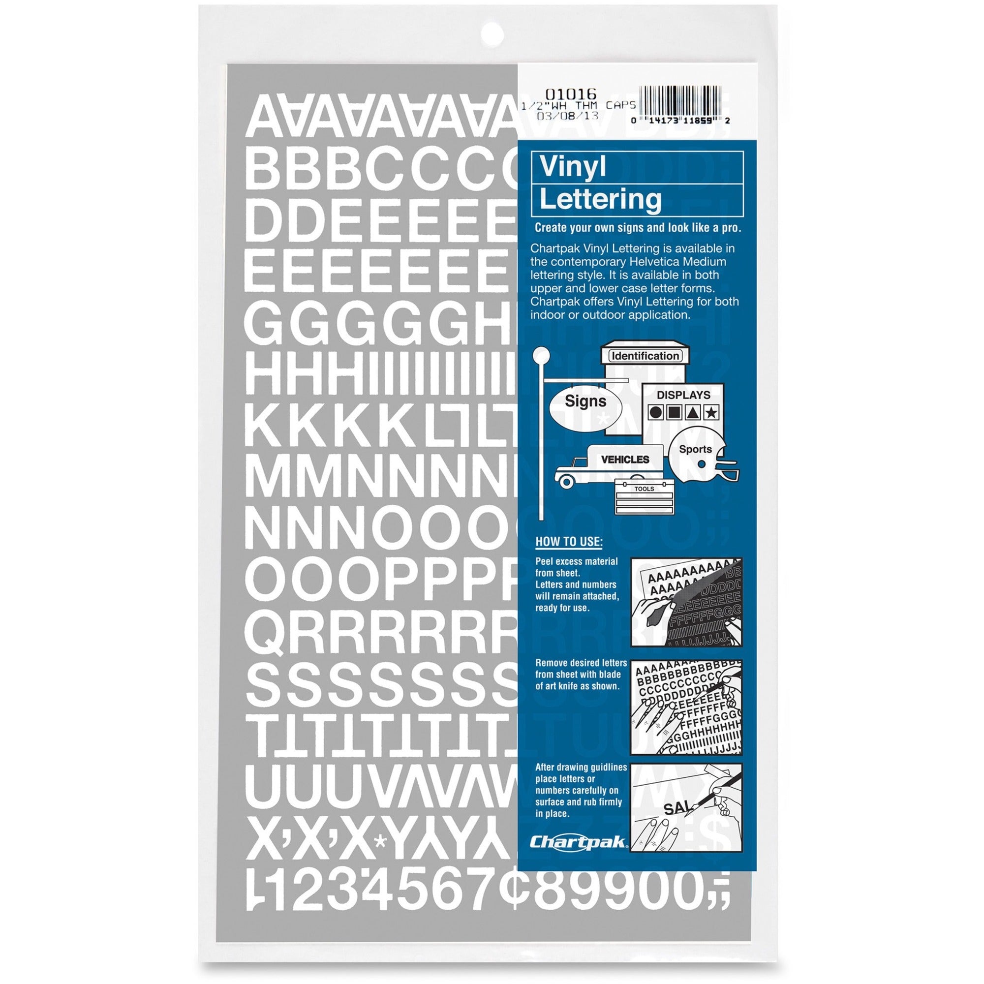 Chartpak Vinyl Helvetica Style Letters/Numbers - 12 x Numbers, 167 x Capital Letters Shape - Self-adhesive - Helvetica Style - Easy to Use - 0.50" Height - White - Vinyl - 1 / Pack -
