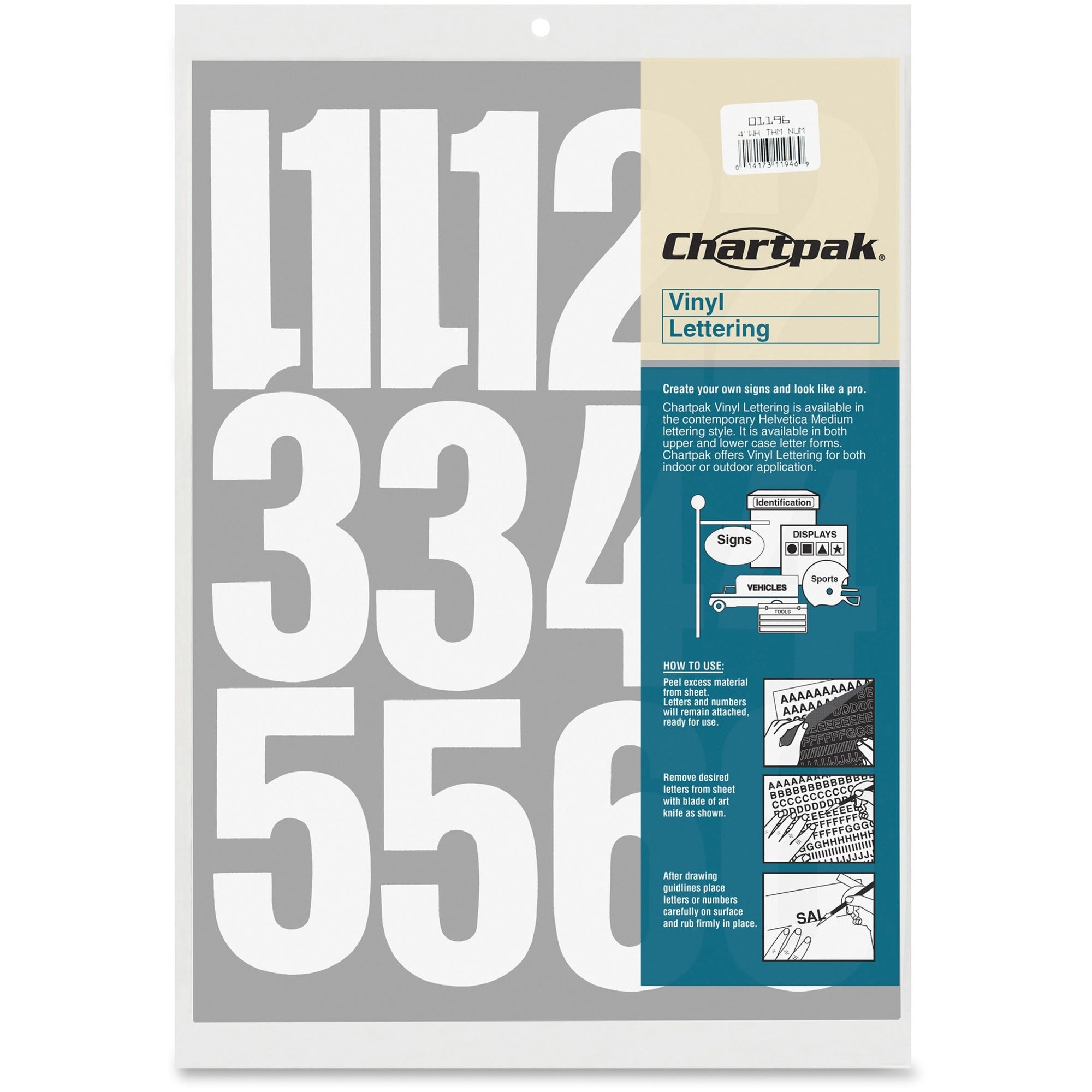 Chartpak Permanent Adhesive Vinyl Numbers - 23 x Numbers Shape - Self-adhesive - Helvetica Style - Easy to Use - 4" Height - White - Vinyl - 1 / Pack -