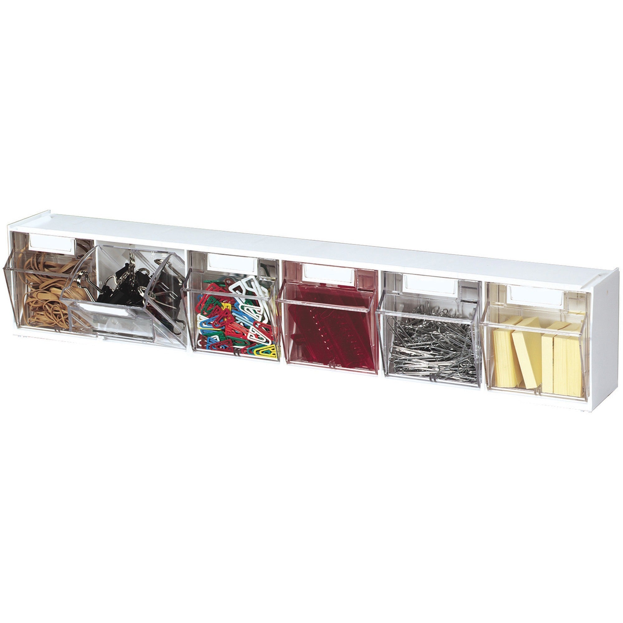 Deflecto Tilt Bin Interlocking Multi-Bin Storage Organizer - 6 Compartment(s) - 4.5" Height x 23.6" Width x 3.6" DepthDesktop - Interlockable, Lockable - White - 1 Each -