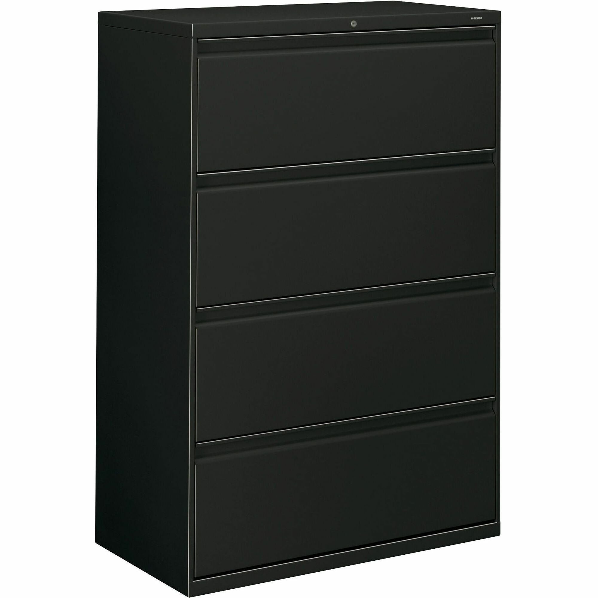 HON 800 Series Lateral File - 4-Drawer - 36" x 19.3" x 53.3" - 4 x Drawer(s) - Legal, Letter - Lateral - Security Lock - Black - Baked Enamel - Steel - Recycled -