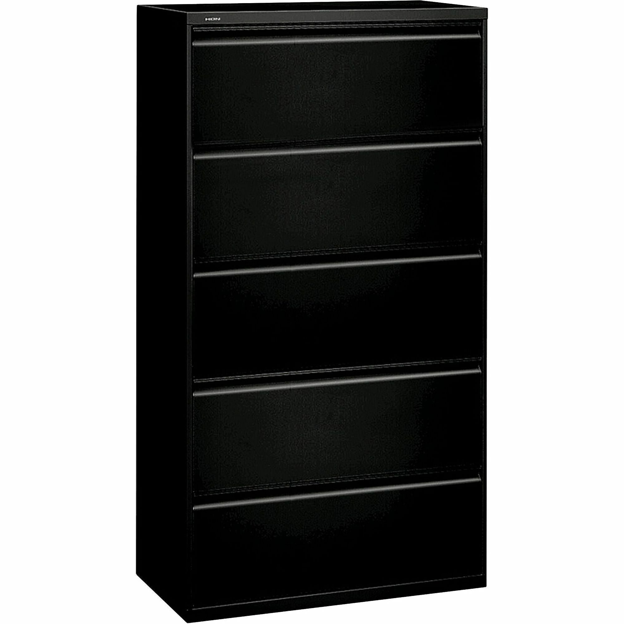 HON 800 Series Lateral File - 5-Drawer - 36" x 19.3" x 67" - 2 x Shelf(ves) - 5 x Drawer(s) - Legal, Letter - Lateral - Security Lock - Black - Baked Enamel - Steel - Recycled -