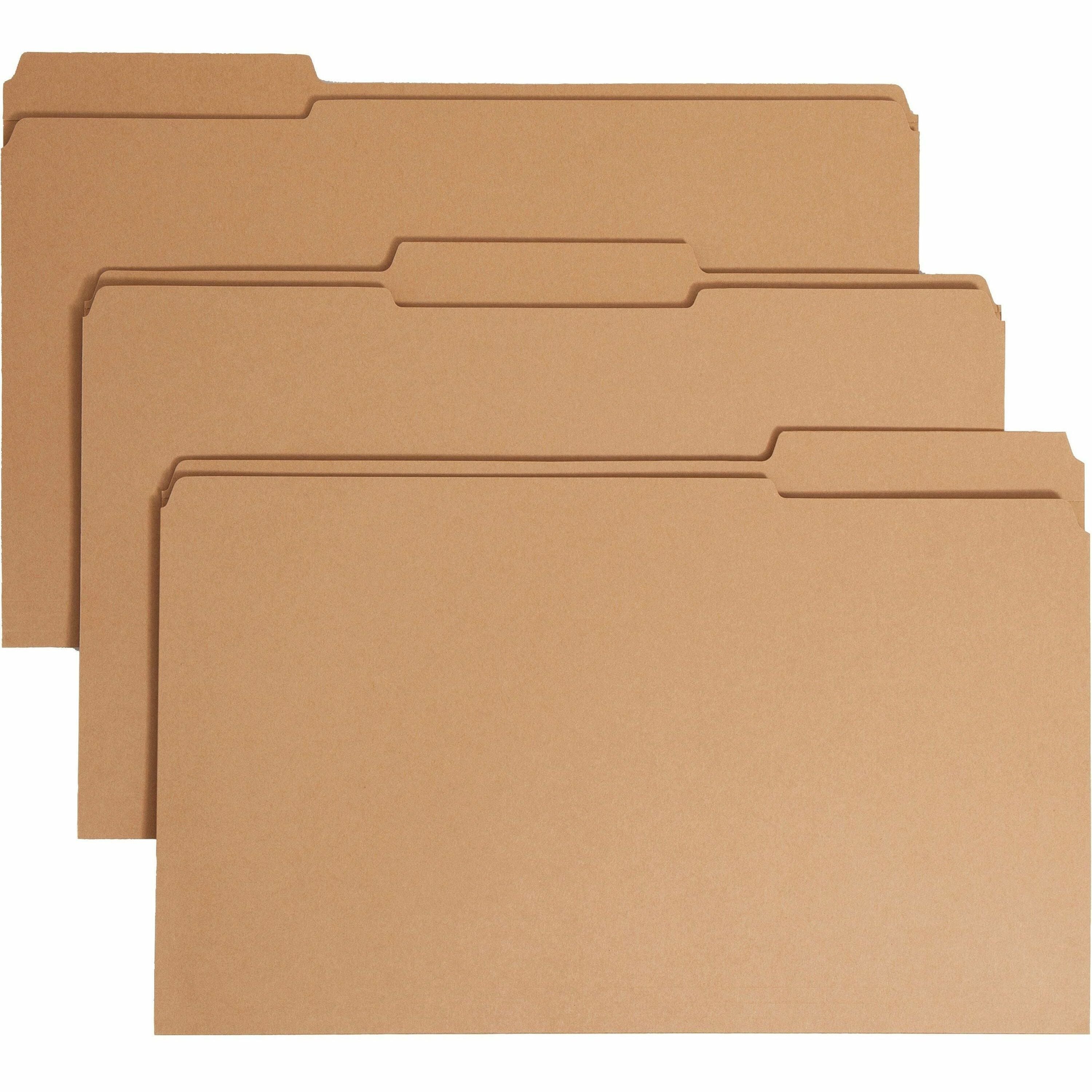 Smead 1/3 Tab Cut Legal Recycled Fastener Folder - 8 1/2" x 14" - 3/4" Expansion - 1 x 2K Fastener(s) - 2" Fastener Capacity for Folder - Top Tab Location - Assorted Position Tab Position - Kraft - Kraft - 10% Recycled - 50 / Box -
