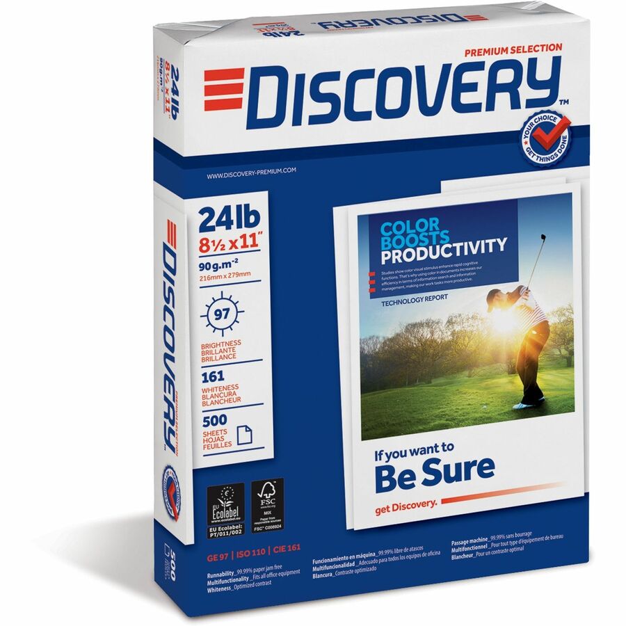 Discovery Premium Multipurpose Paper - Anti-Jam - White - 97 Brightness - Letter - 8 1/2" x 11" - 24 lb Basis Weight - 5000 / Carton - Excellent Ink Absorption - White -