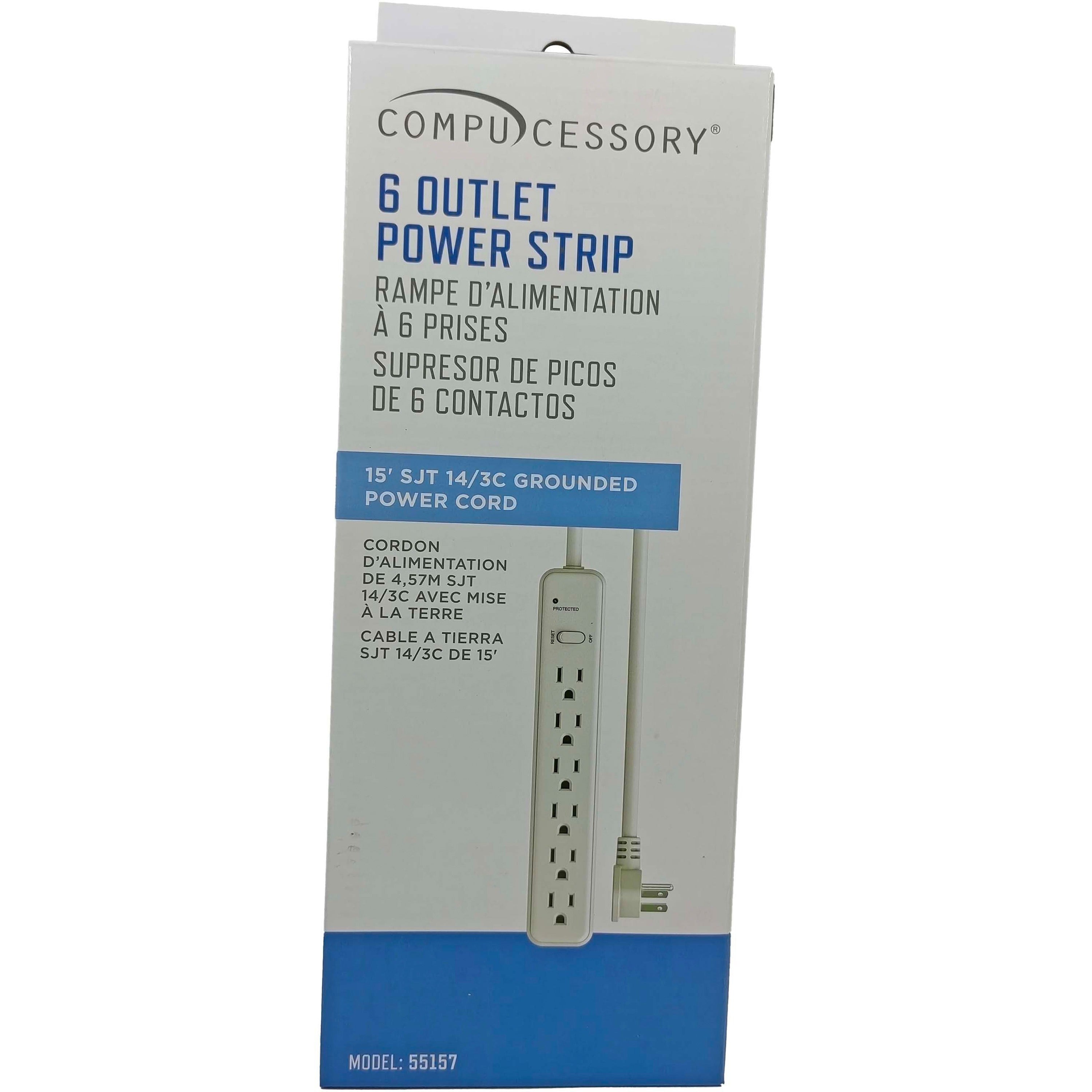 Compucessory 6-Outlet Power Strips - 6 - 15 ft Cord - 104 J Surge Energy - 15 A Current - 125 V AC Voltage - Strip - Light Gray -