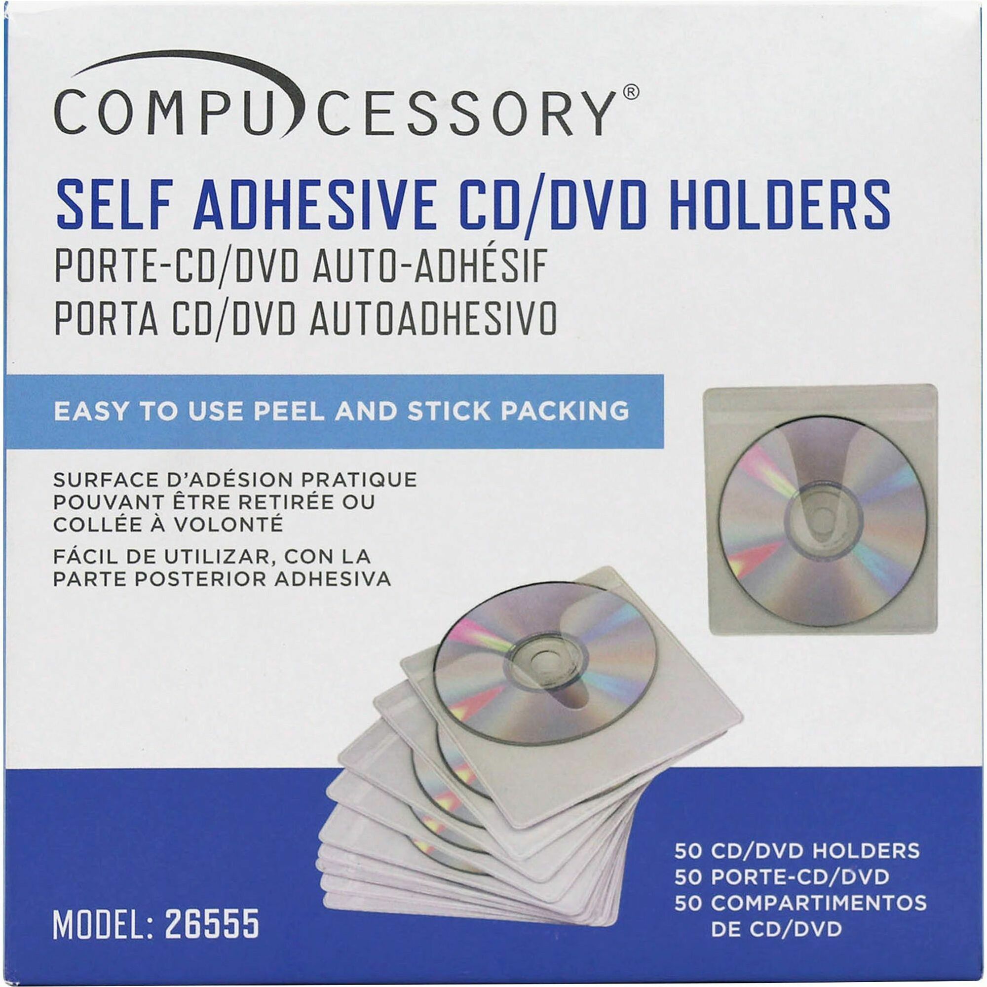 Compucessory Self-Adhesive Poly CD/DVD Holders - 1 x CD/DVD Capacity - White - Polypropylene - 50 / Pack -