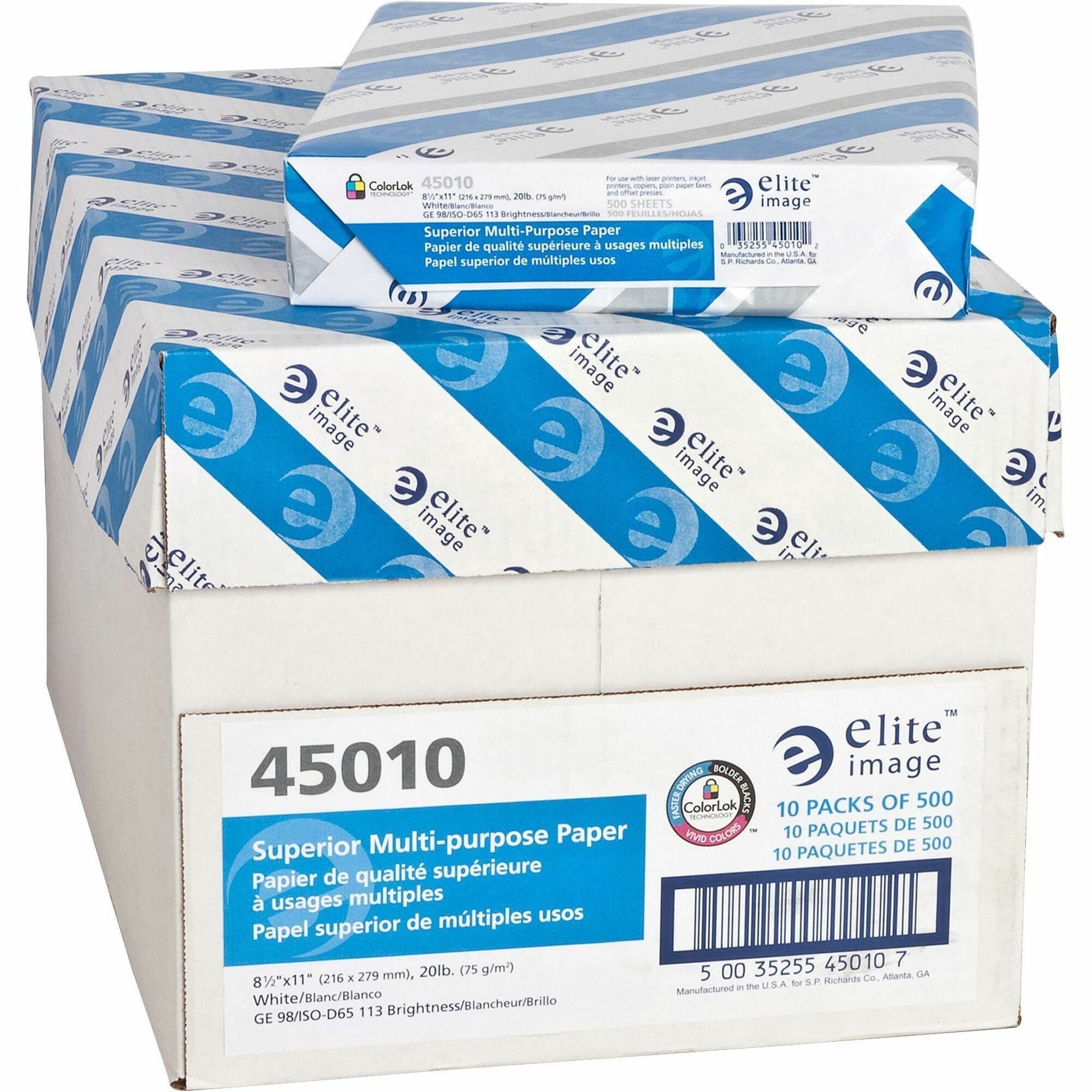 Elite Image Multipurpose Paper - 98 Brightness - Letter - 8 1/2" x 11" - 20 lb Basis Weight - 5000 / Carton - Sustainable Forestry Initiative (SFI) - Bright White -