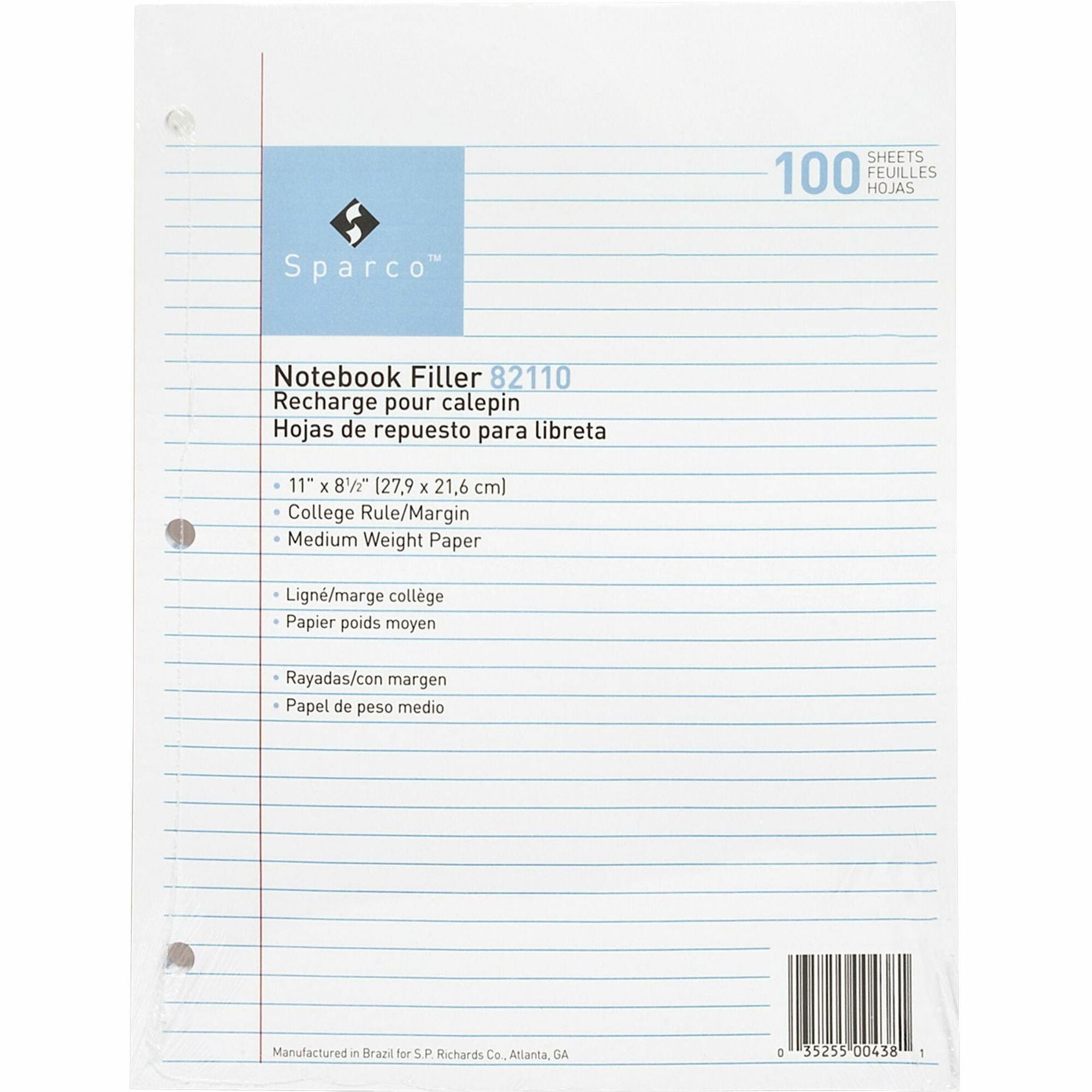 Sparco Notebook Filler Paper - Letter - 100 Sheets - Ruled Red Margin - 16 lb Basis Weight - Letter - 8 1/2" x 11" - White Paper - Subject - 100 / Pack -