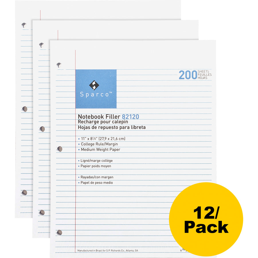 Sparco Notebook Filler Paper - Letter - 200 Sheets - Ruled Red Margin - 16 lb Basis Weight - Letter - 8 1/2" x 11" - White Paper - Subject - 200 / Pack -