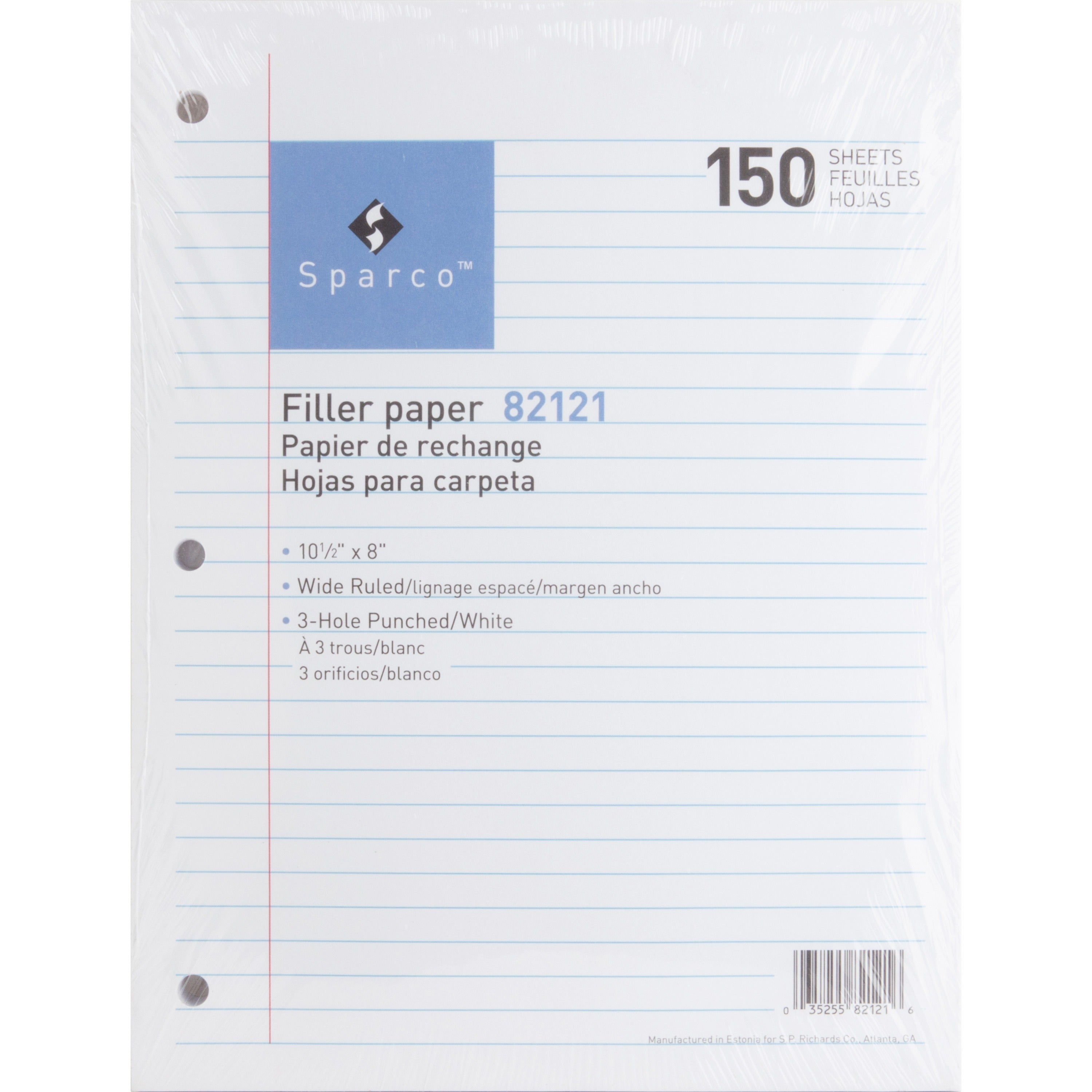 Sparco 3HP Filler Paper - 150 Sheets - Wide Ruled - 16 lb Basis Weight - 8" x 10 1/2" - White Paper - Bleed-free - 150 / Pack -