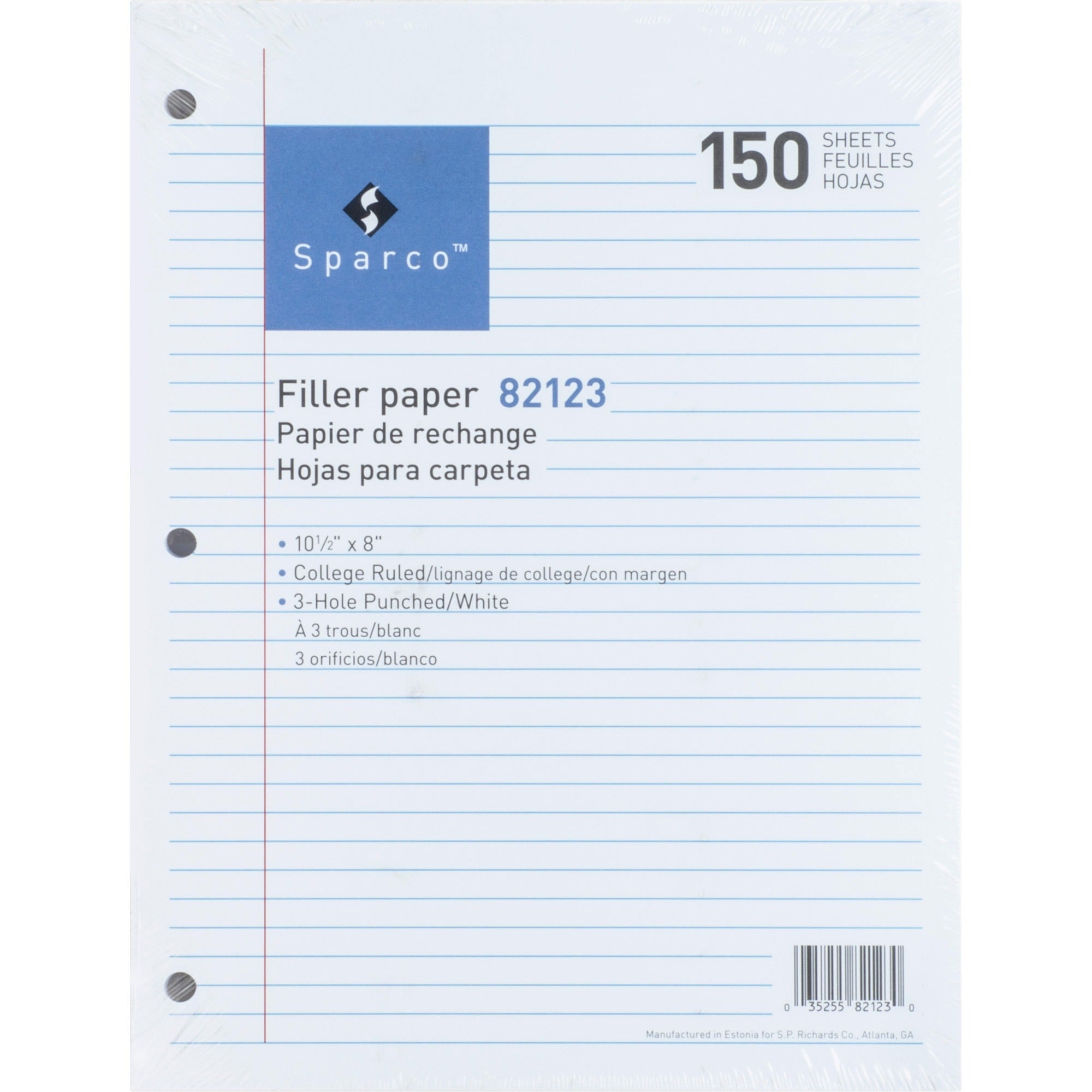 Sparco 3-hole Punched Filler Paper - 150 Sheets - College Ruled - Ruled Red Margin - 16 lb Basis Weight - 8" x 10 1/2" - White Paper - Bleed-free - 150 / Pack -