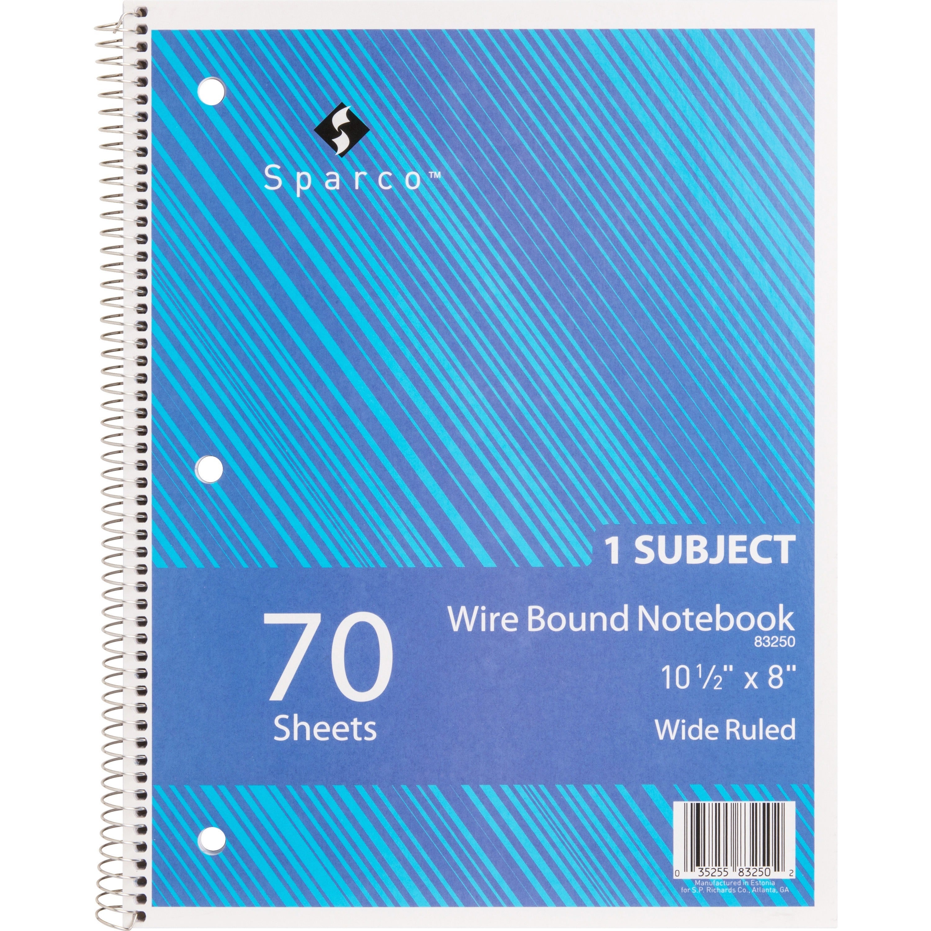 Sparco Quality 3HP Notebook - 1 Subject(s) - 70 Sheets - Wire Bound - Wide Ruled - Unruled Margin - 16 lb Basis Weight - 8" x 10 1/2" - Bright White Paper - AssortedChipboard Cover - Bleed Resistant, Stiff-cover - 1 Each -