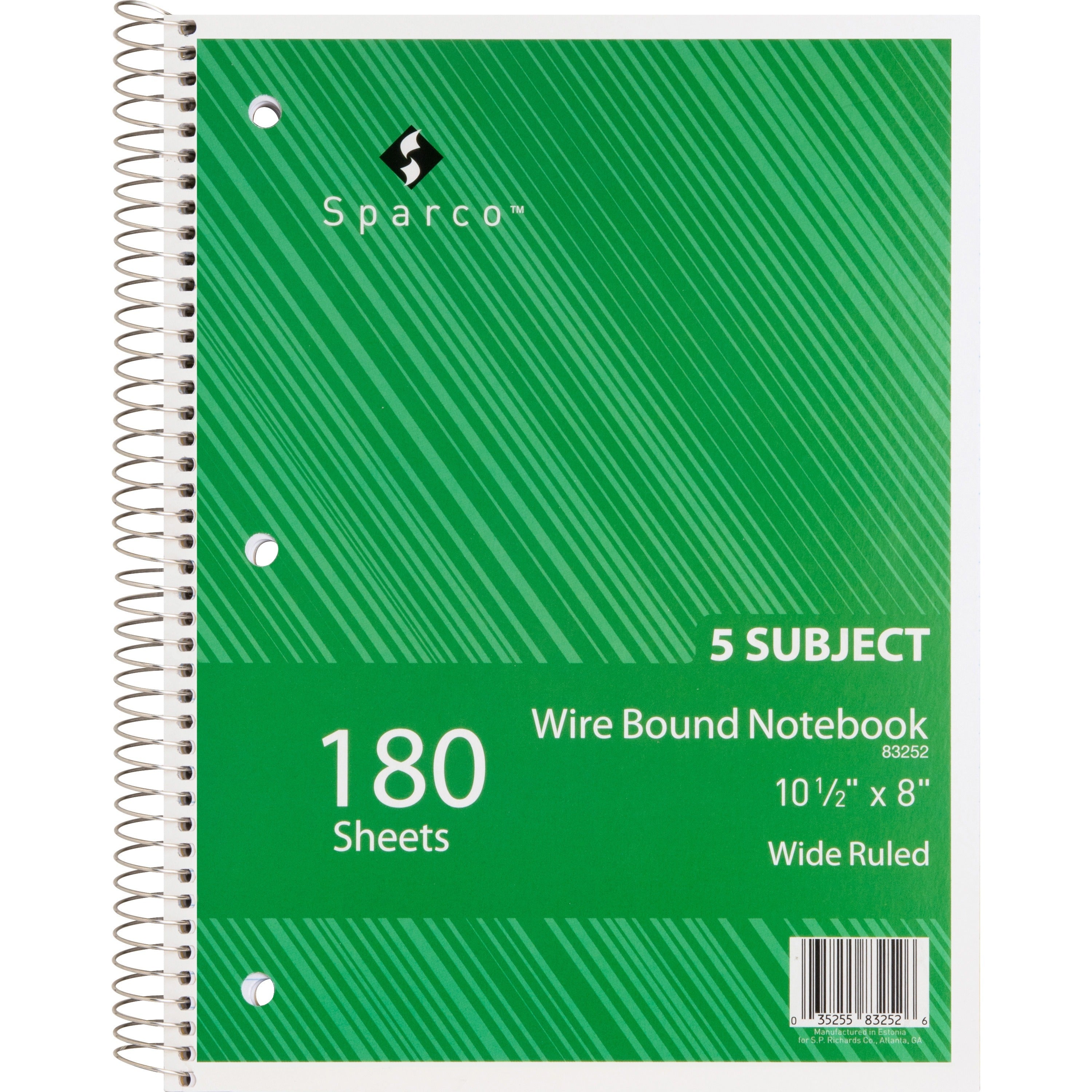 Sparco Quality 3HP Notebook - 5 Subject(s) - 180 Sheets - Wire Bound - Wide Ruled - Unruled Margin - 16 lb Basis Weight - 8" x 10 1/2" - Bright White Paper - AssortedChipboard Cover - Bleed Resistant, Stiff-cover - 1 Each -