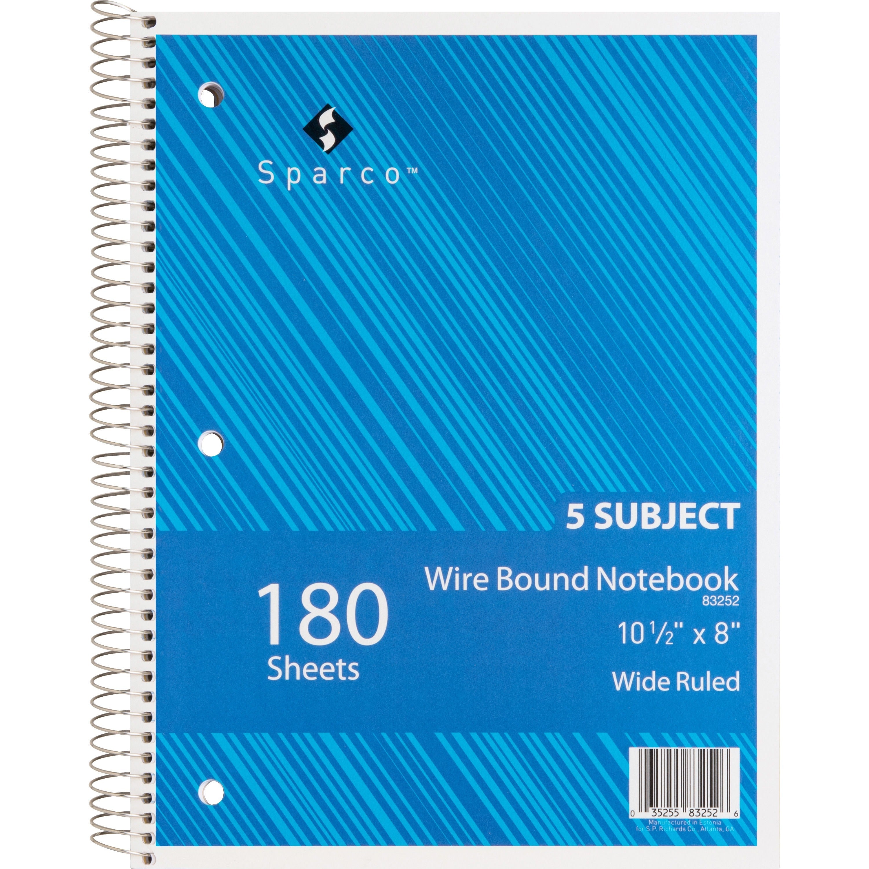 Sparco Quality 3HP Notebook - 5 Subject(s) - 180 Sheets - Wire Bound - Wide Ruled - Unruled Margin - 16 lb Basis Weight - 8" x 10 1/2" - Bright White Paper - AssortedChipboard Cover - Bleed Resistant, Stiff-cover - 1 Each -