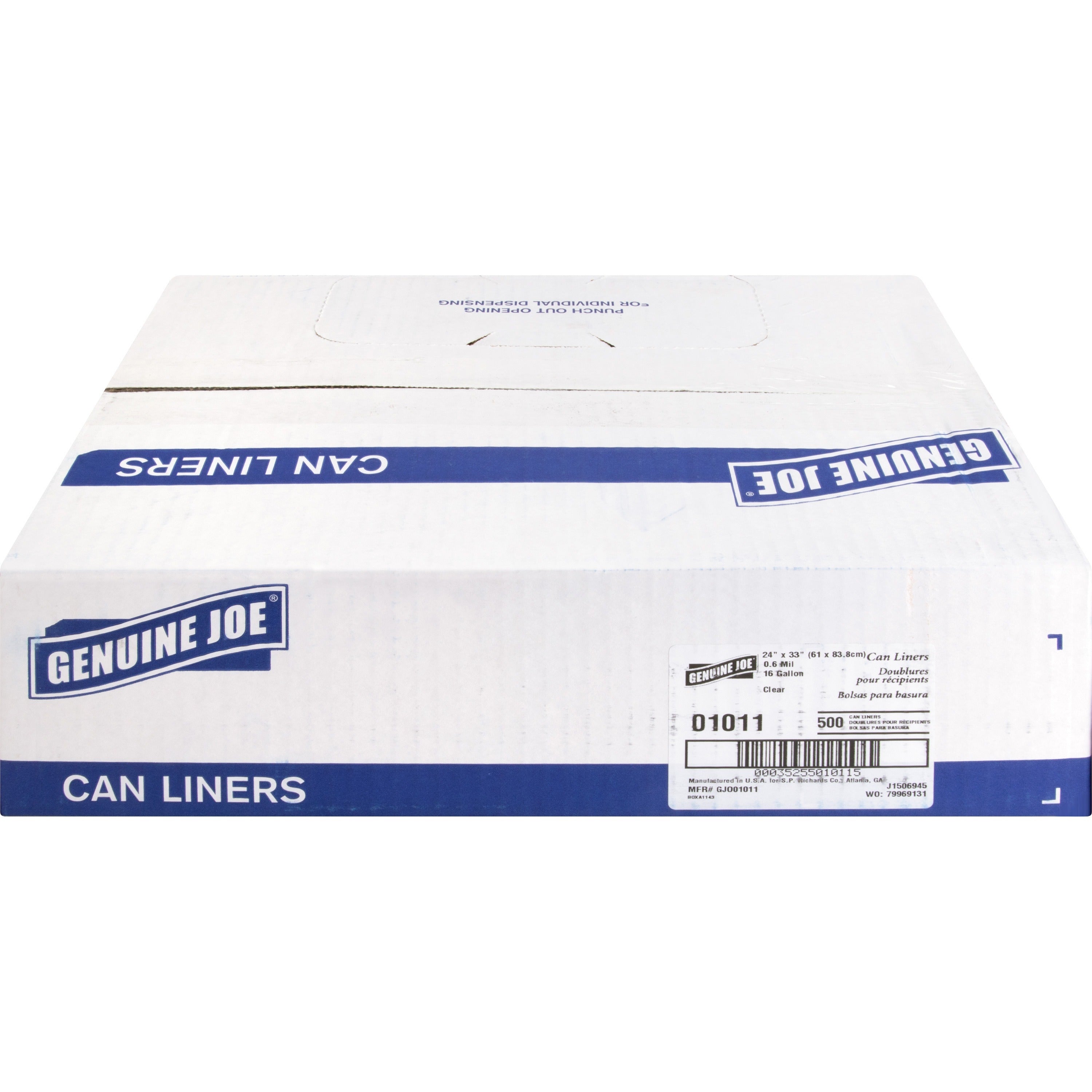 Genuine Joe Clear Trash Can Liners - Small Size - 16 gal Capacity - 24" Width x 33" Length - 0.60 mil (15 Micron) Thickness - Low Density - Clear - 500/Carton -