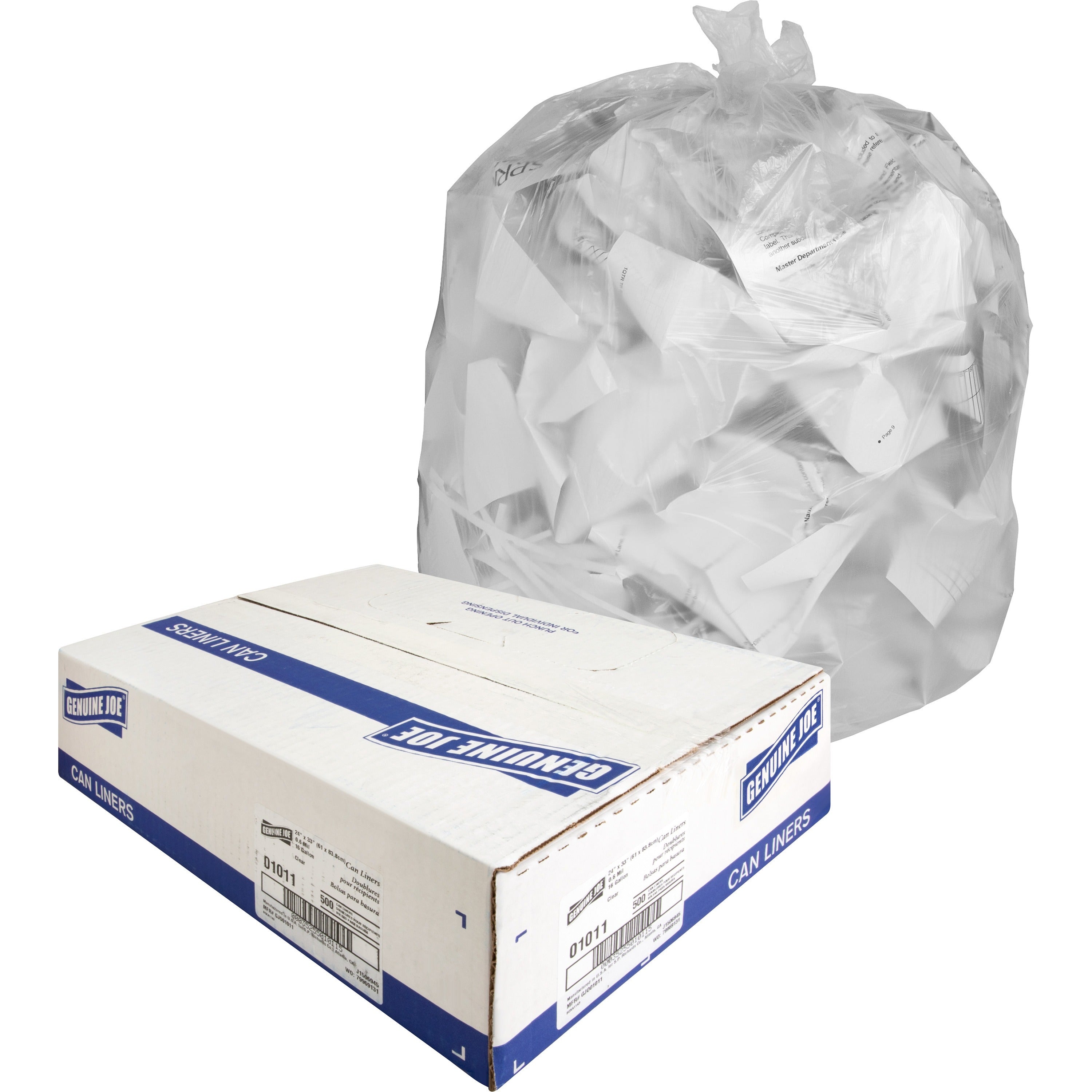 Genuine Joe Clear Trash Can Liners - Small Size - 16 gal Capacity - 24" Width x 33" Length - 0.60 mil (15 Micron) Thickness - Low Density - Clear - 500/Carton -