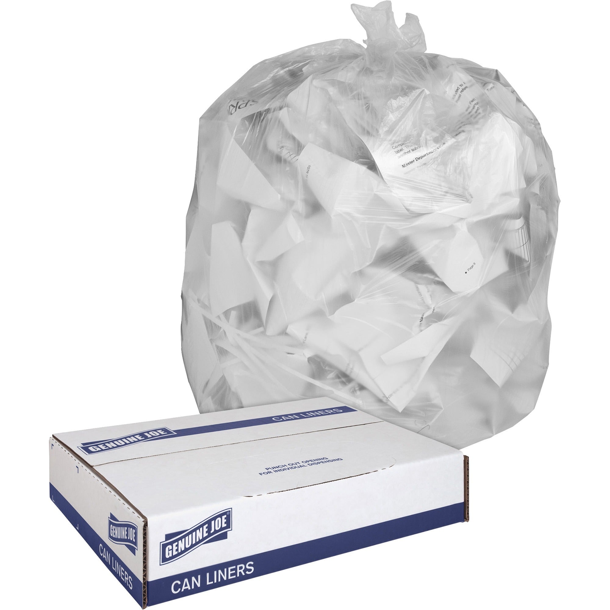 Genuine Joe Clear Trash Can Liners - Medium Size - 30 gal Capacity - 30" Width x 36" Length - 0.60 mil (15 Micron) Thickness - Low Density - Clear - 250/Box -