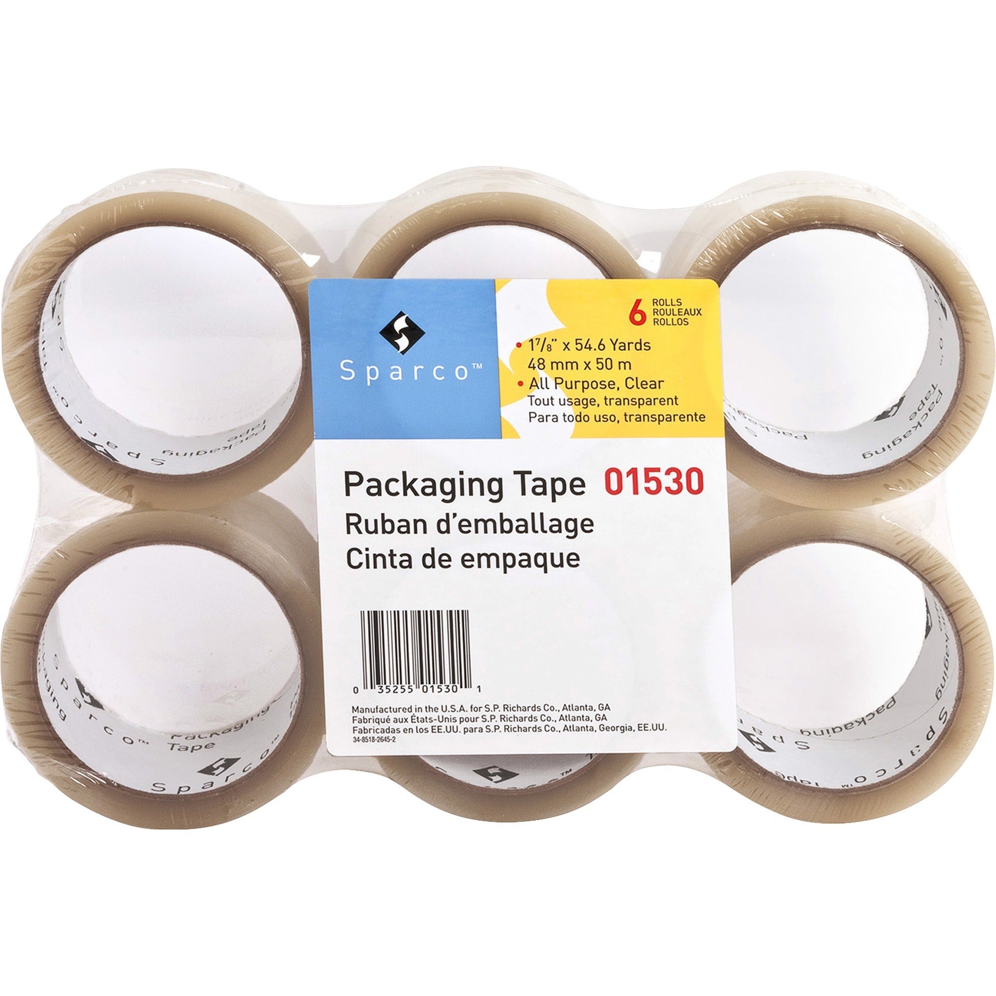 Sparco Transparent Hot-melt Tape - 55 yd Length x 2" Width - 1.9 mil Thickness - 3" Core - Moisture Resistant, Split Resistant, Abrasion Resistant - For Sealing, Shipping, Packing - 36 / Carton - Clear -