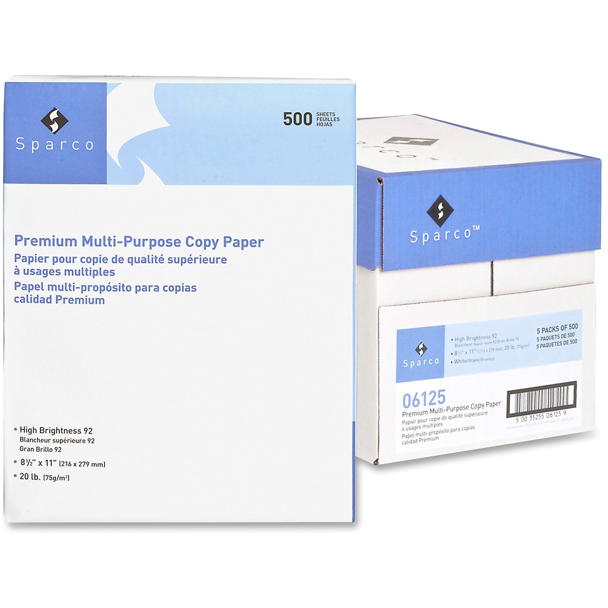 Sparco Copy Paper - 92 Brightness - Letter - 8 1/2" x 11" - 20 lb Basis Weight - 2500 / Carton - SFI - Acid-free - White -