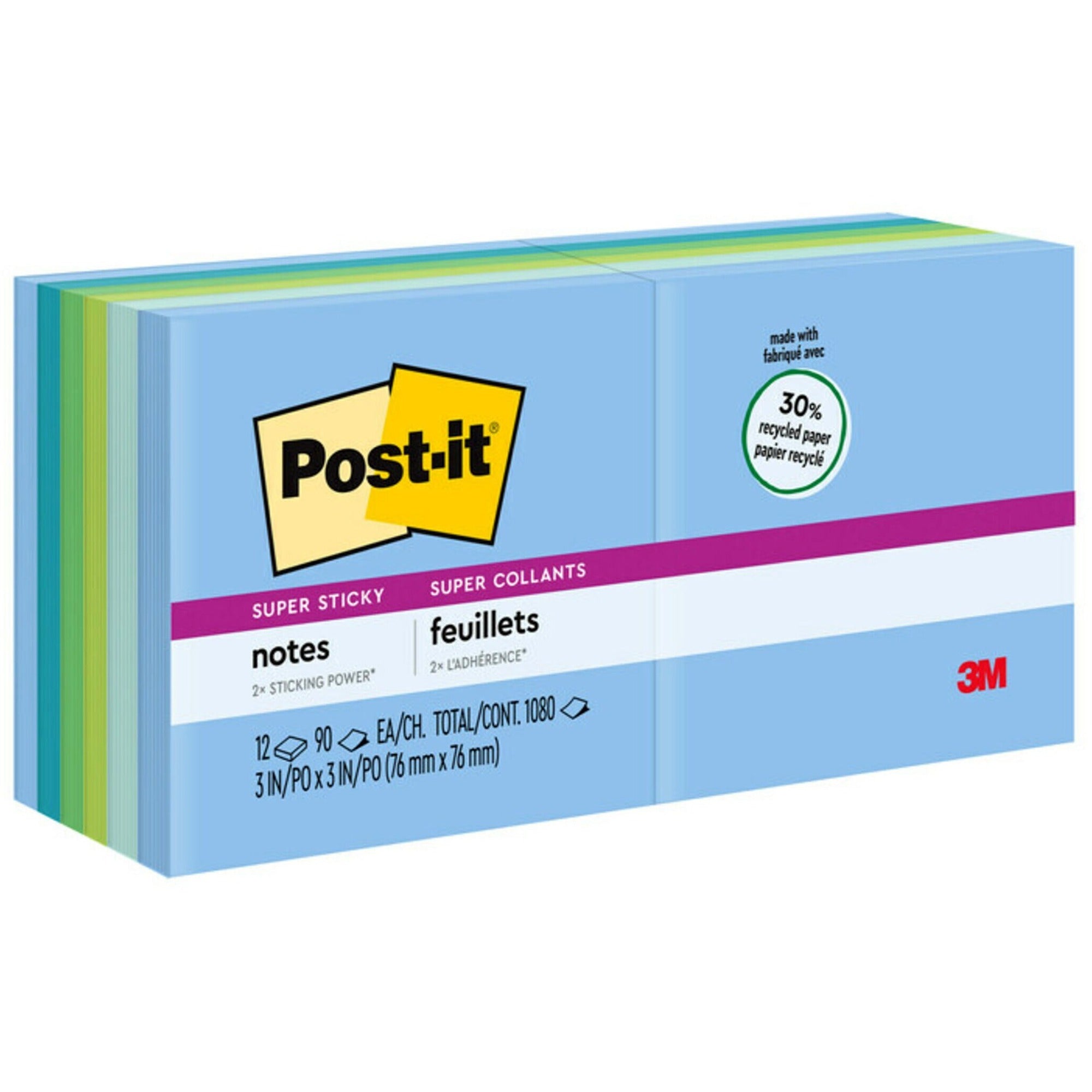 Post-it Super Sticky Recycled Notes - Oasis Color Collection - 1080 - 3" x 3" - Square - 90 Sheets per Pad - Unruled - Washed Denim, Fresh Mint, Limeade, Lucky Green, Sea Glass - Paper - Self-adhesive - 12 / Pack - Recycled -