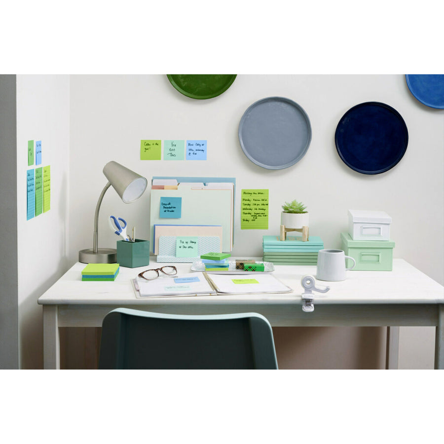 Post-it Super Sticky Recycled Notes - Oasis Color Collection - 1080 - 3" x 3" - Square - 90 Sheets per Pad - Unruled - Washed Denim, Fresh Mint, Limeade, Lucky Green, Sea Glass - Paper - Self-adhesive - 12 / Pack - Recycled -