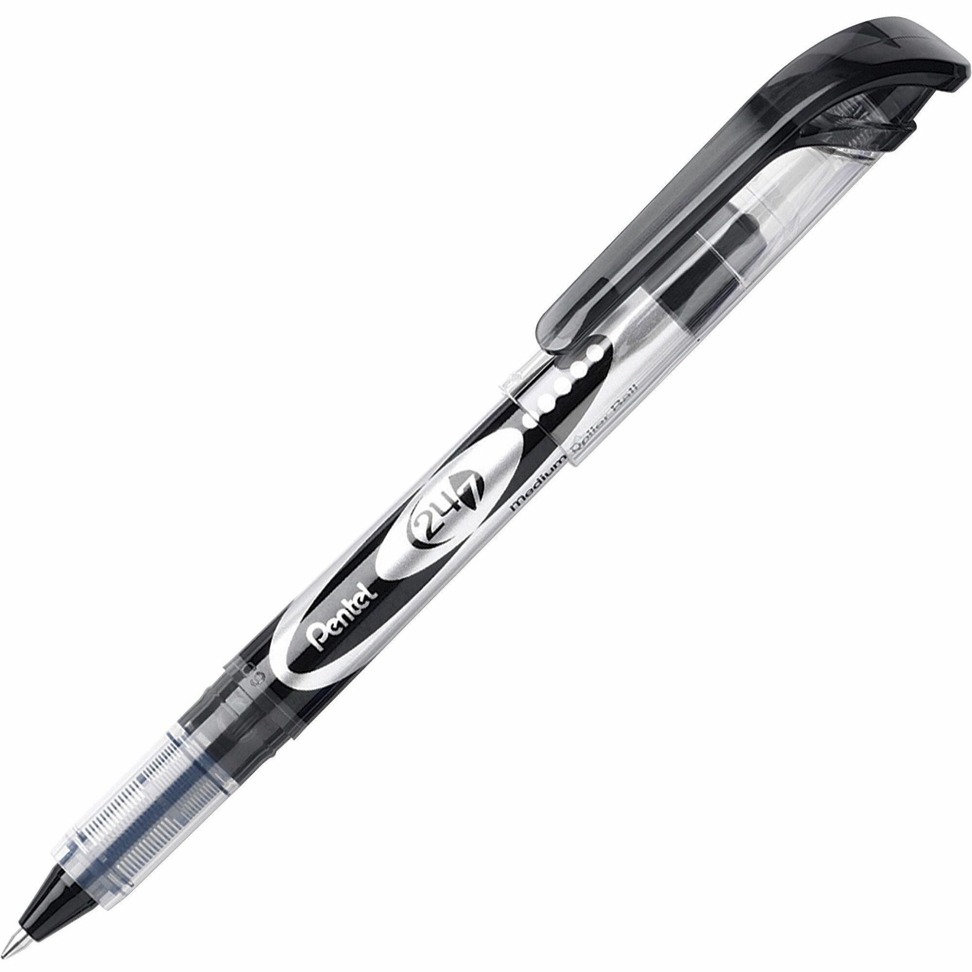 Pentel 24/7 Rollerball Pens - Medium Pen Point - 0.7 mm Pen Point Size - Black Water Based Ink - Black Barrel - Metal Tip - 1 Dozen -