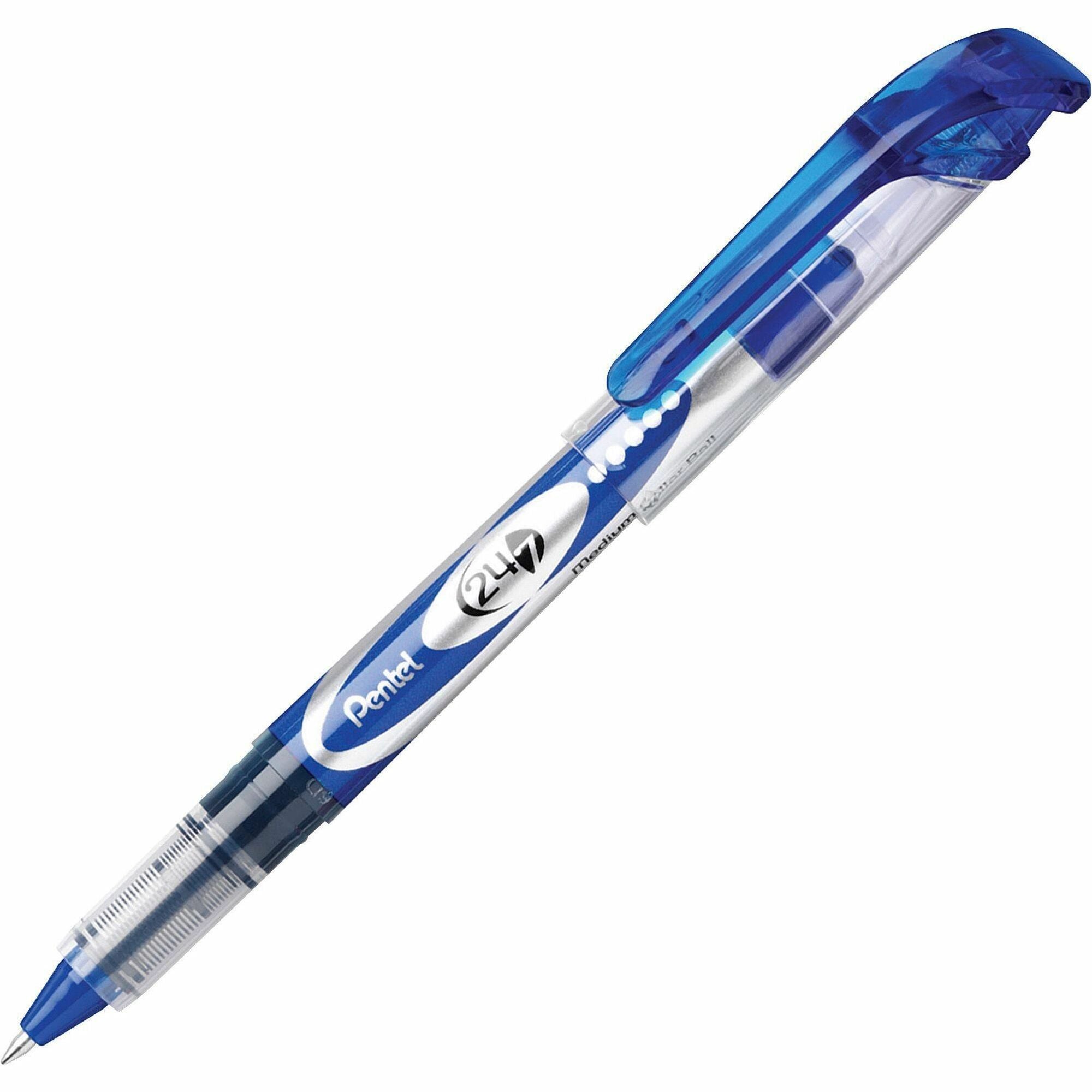 Pentel 24/7 Rollerball Pens - Medium Pen Point - 0.7 mm Pen Point Size - Blue Water Based Ink - Blue Barrel - Metal Tip - 1 Dozen -