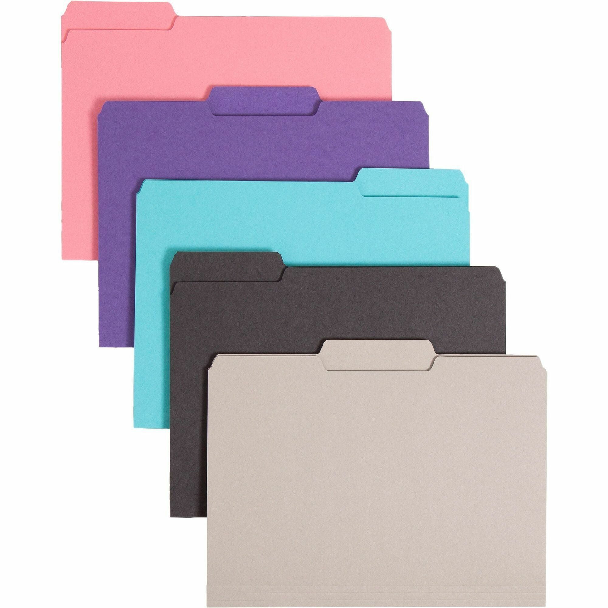 Smead Interior Folders - Letter - 8 1/2" x 11" Sheet Size - 3/4" Expansion - 1/3 Tab Cut - Assorted Position Tab Location - 11 pt. Folder Thickness - Aqua, Black, Dark Pink, Gray, Purple - 100 / Box -