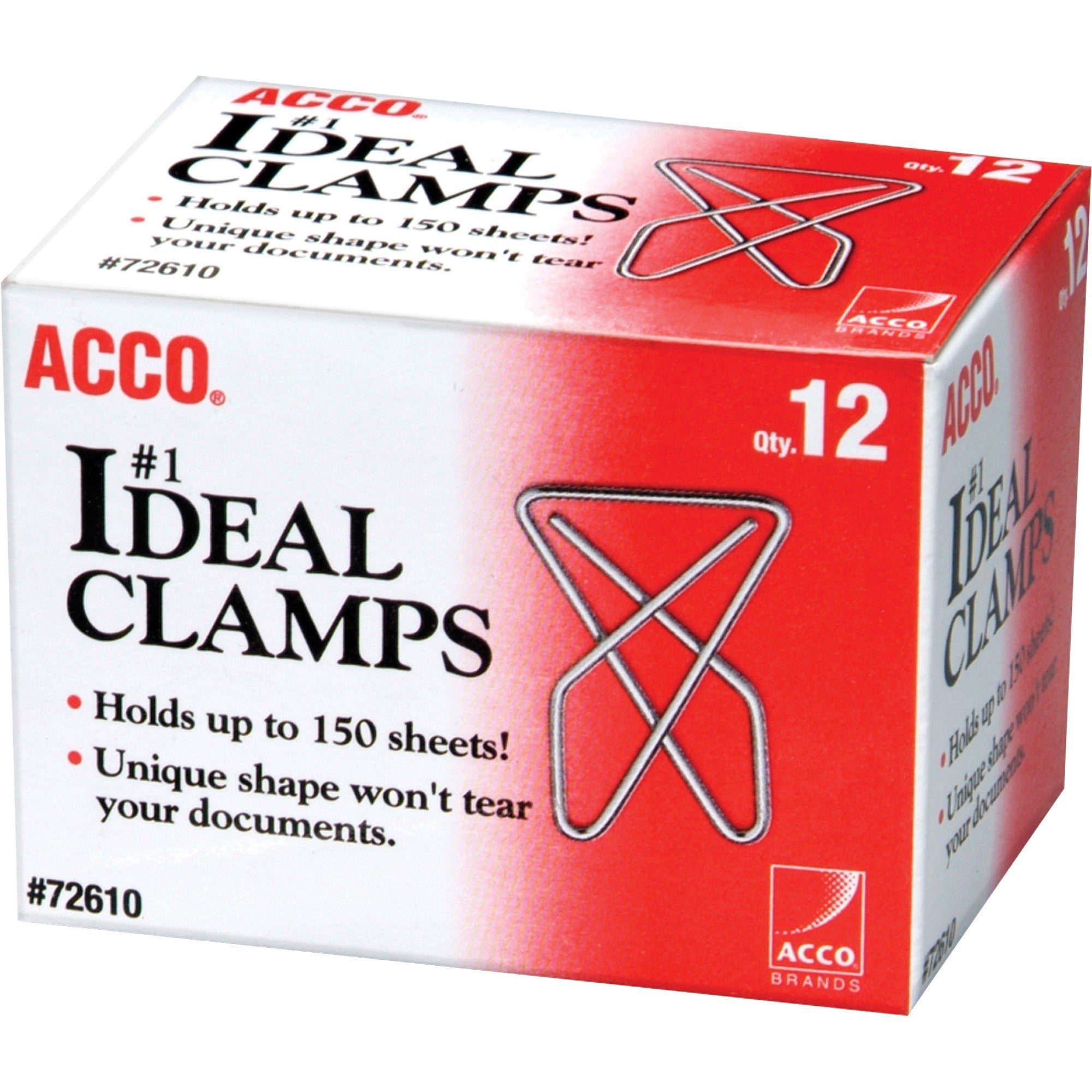 ACCO Ideal Paper Clamps - Large - No. 1 - 150 Sheet Capacity - 12 / Box - Silver - Metal -