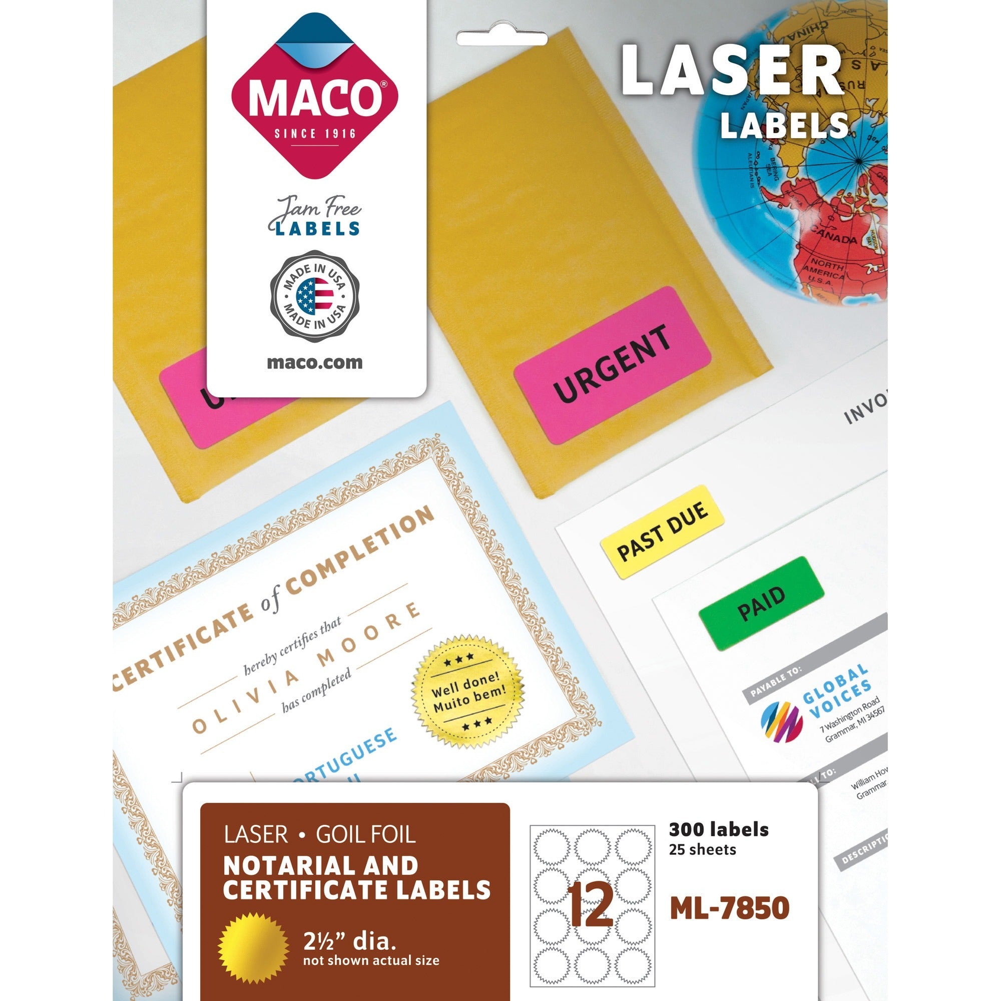 MACO Laser Gold Foil Notarial & Certificate Labels - Round - 2.50" Diameter - Self-adhesive, Permanent - Gold - 300 / Pack -