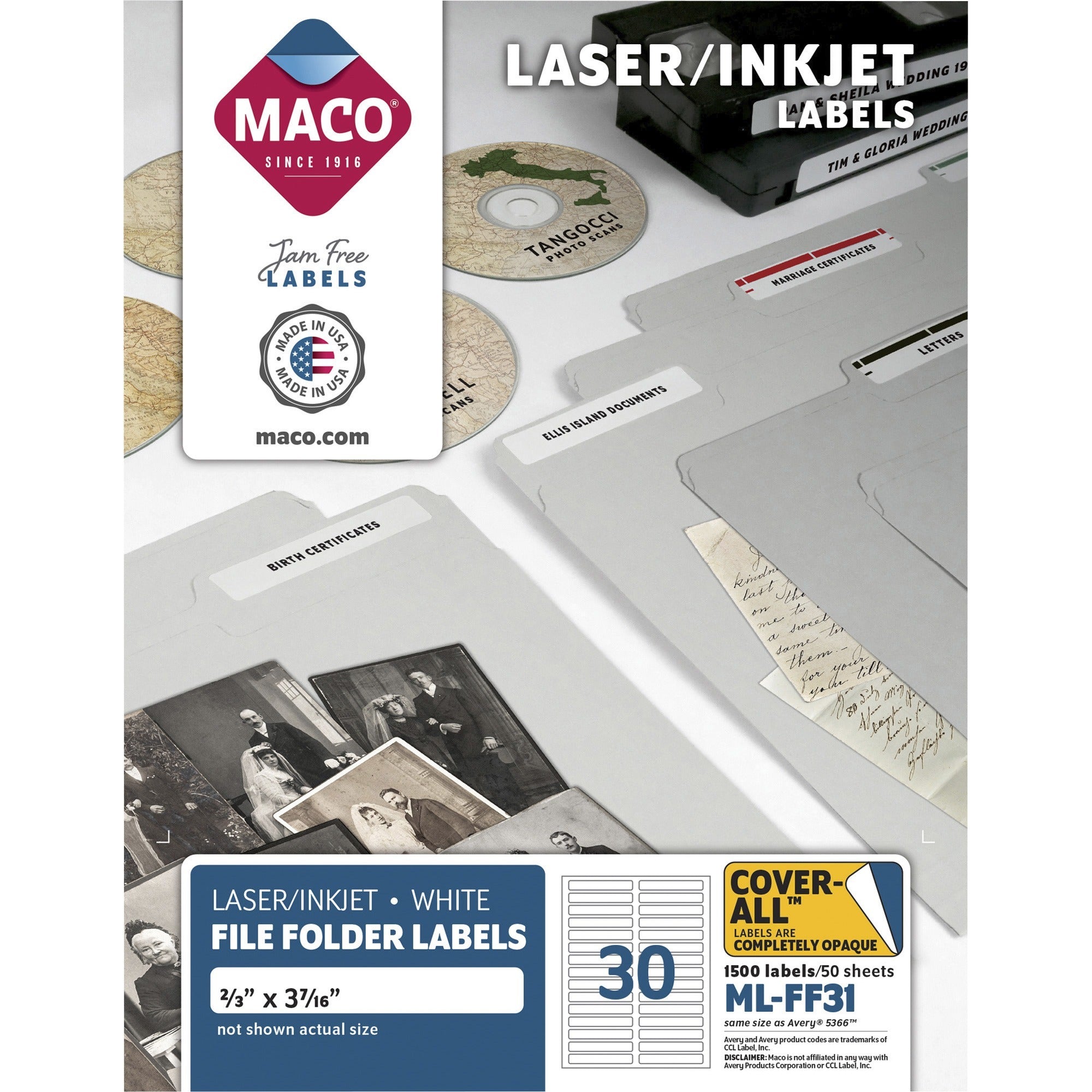 Maco Assorted Laser/Inkjet File Folder Labels - 43/64" Width x 3 7/16" Length - Permanent Adhesive - Inkjet, Inkjet - White - 30 / Sheet - 1500 / Box -