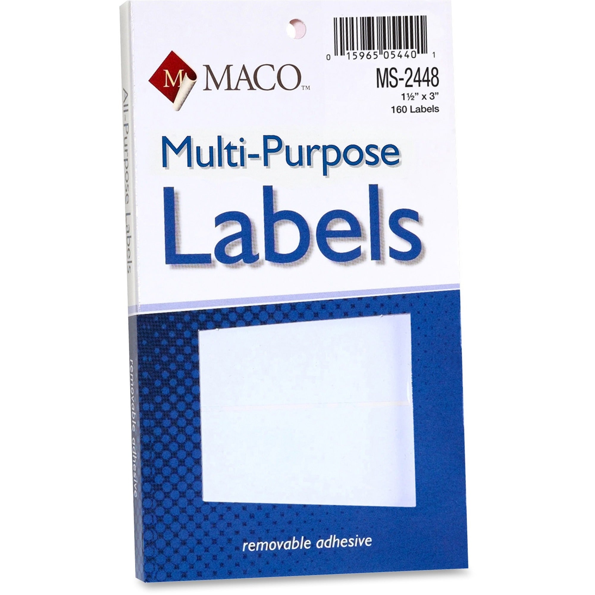 MACO White Multi-Purpose Labels - 1 1/2" Width x 3" Length - Removable Adhesive - Rectangle - White - 160 / Pack - Self-adhesive -