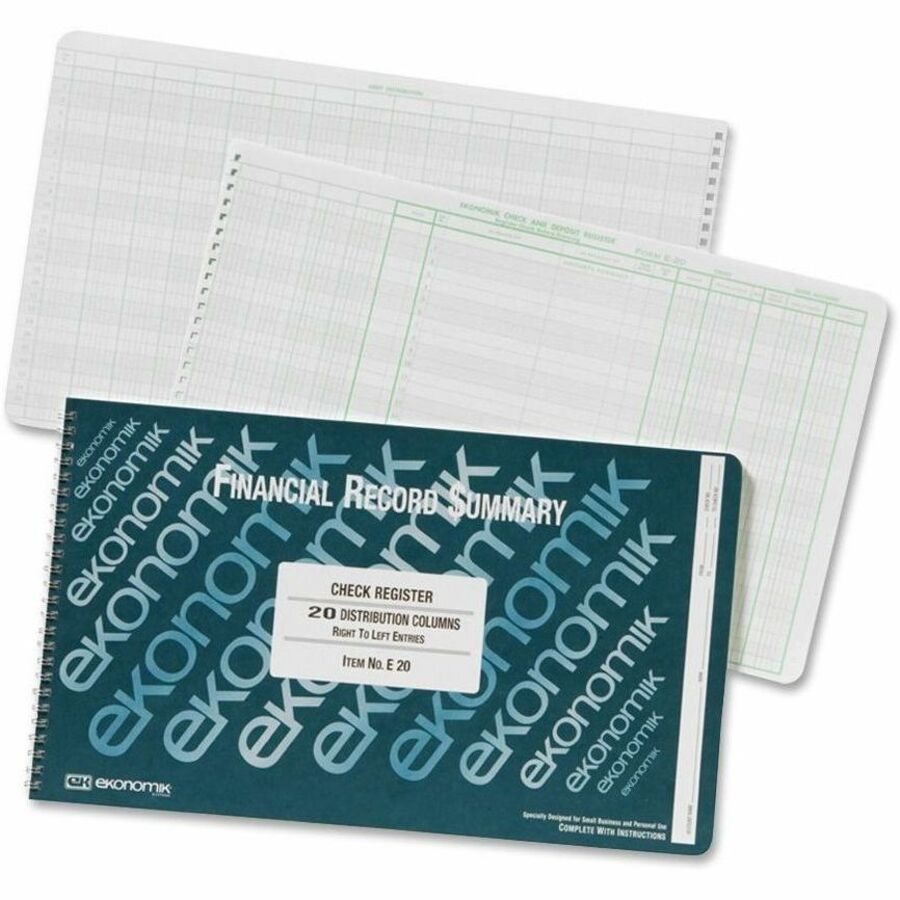 Ekonomik Financial Record Summary Check Register - 40 Sheet(s) - Wire Bound - 14.75" x 8.75" Sheet Size - 20 Columns per Sheet - White Sheet(s) - Green Print Color - Recycled - 1 Each -