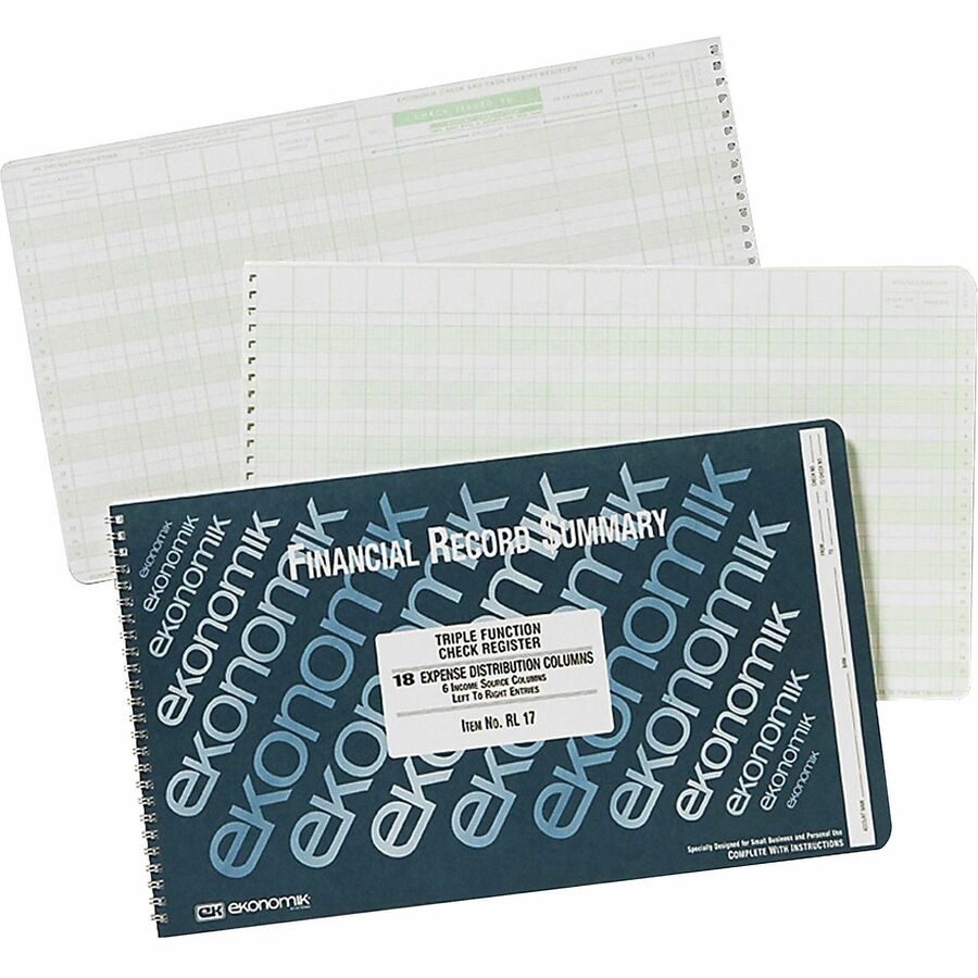 Ekonomik Standard Size Triple Function Check Registry - 40 Sheet(s) - Wire Bound - 14.75" x 8.75" Sheet Size - 18 Columns per Sheet - White Sheet(s) - Green Print Color - Recycled - 1 Each -