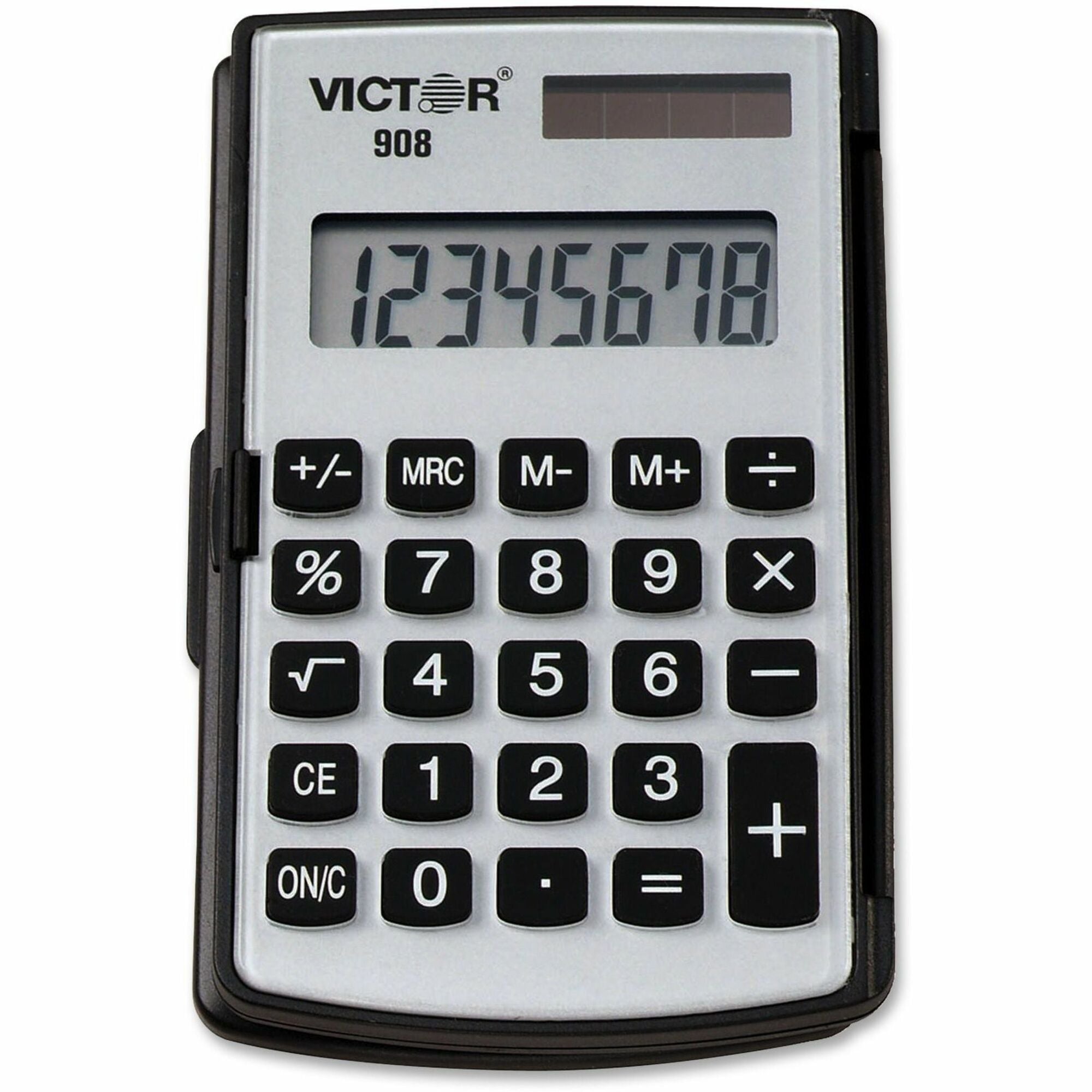 Victor 908 Handheld Calculator - Big Display, Battery Backup, Independent Memory, Rounded Keytop, Dual Power - 8 Digits - LCD - Battery/Solar Powered - 2.9" x 4.4" x 0.4" - Black - Rubber Keys- 1 Each -