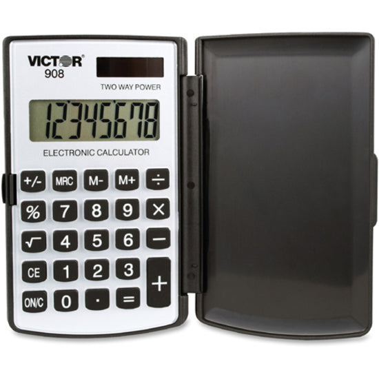 Victor 908 Handheld Calculator - Big Display, Battery Backup, Independent Memory, Rounded Keytop, Dual Power - 8 Digits - LCD - Battery/Solar Powered - 2.9" x 4.4" x 0.4" - Black - Rubber Keys- 1 Each -