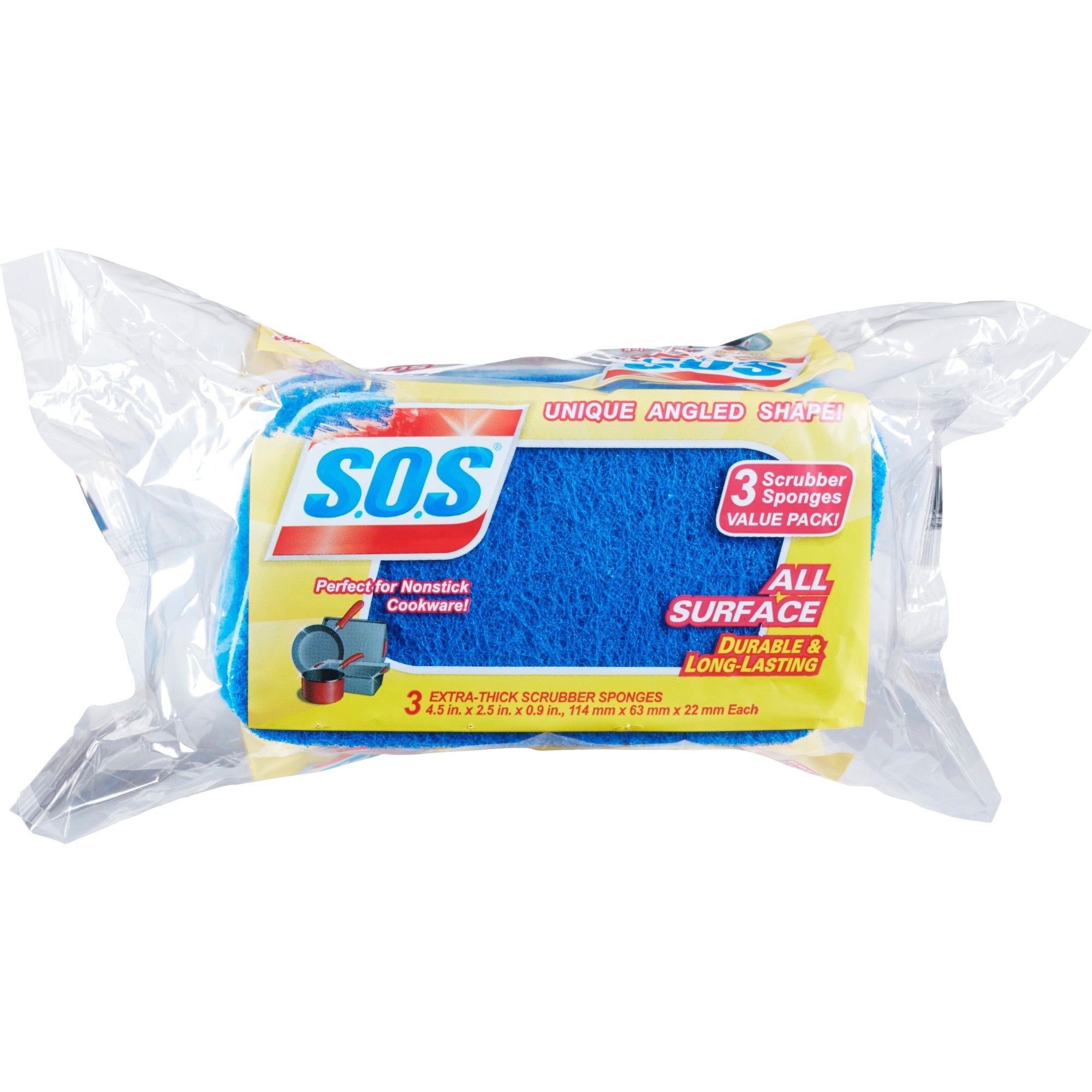 S.O.S All Surface Scrubber Sponge - 5.3" Height x 3" Width x 0.9" Depth - 3/Pack - Cellulose - Blue -
