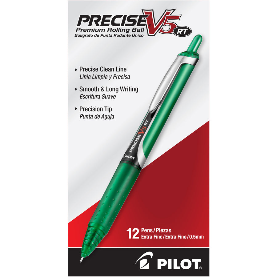 Pilot Precise V5 RT Premium Rolling Ball Pen - Extra Fine Pen Point - 0.5 mm Pen Point Size - Needle Pen Point Style - Refillable - Retractable - Green Liquid Ink - Green Barrel - 1 Each -