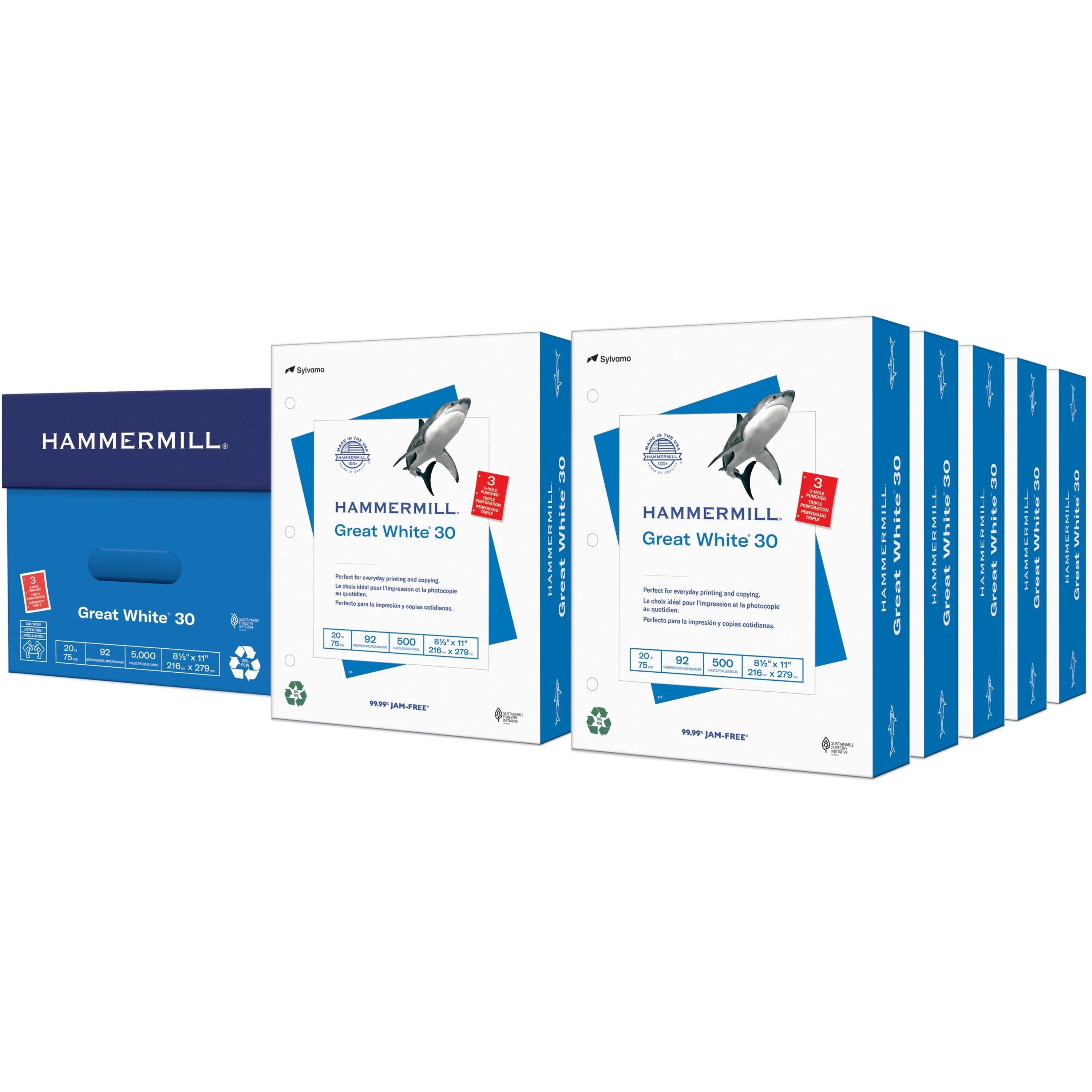 Hammermill Great White 3HP Recycled Copy Paper - White - 92 Brightness - Letter - 8 1/2" x 11" - 20 lb Basis Weight - 5000 / Carton - Acid-free, Moisture Resistant, Pre-punched, Archival-safe, Jam-free - White -