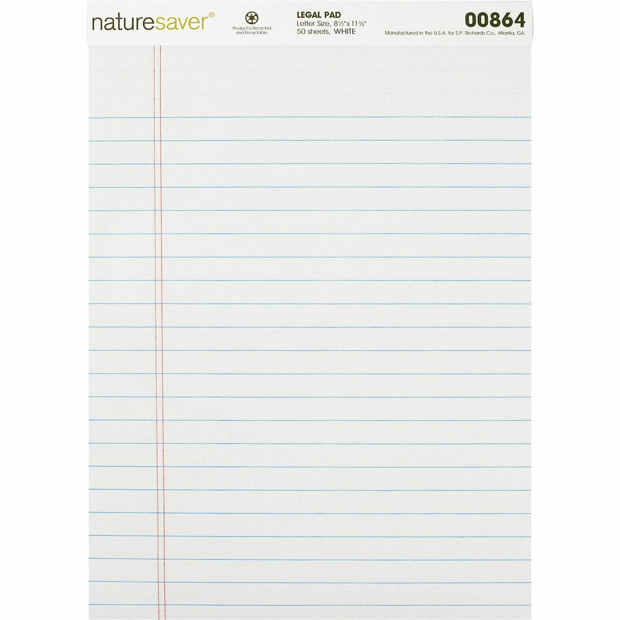 Nature Saver Recycled Legal Ruled Pads - 50 Sheets - 0.34" Ruled - 15 lb Basis Weight - 8 1/2" x 11 3/4" - White Paper - Perforated, Stiff-back, Easy Tear, Back Board - Recycled - 1 / Dozen -