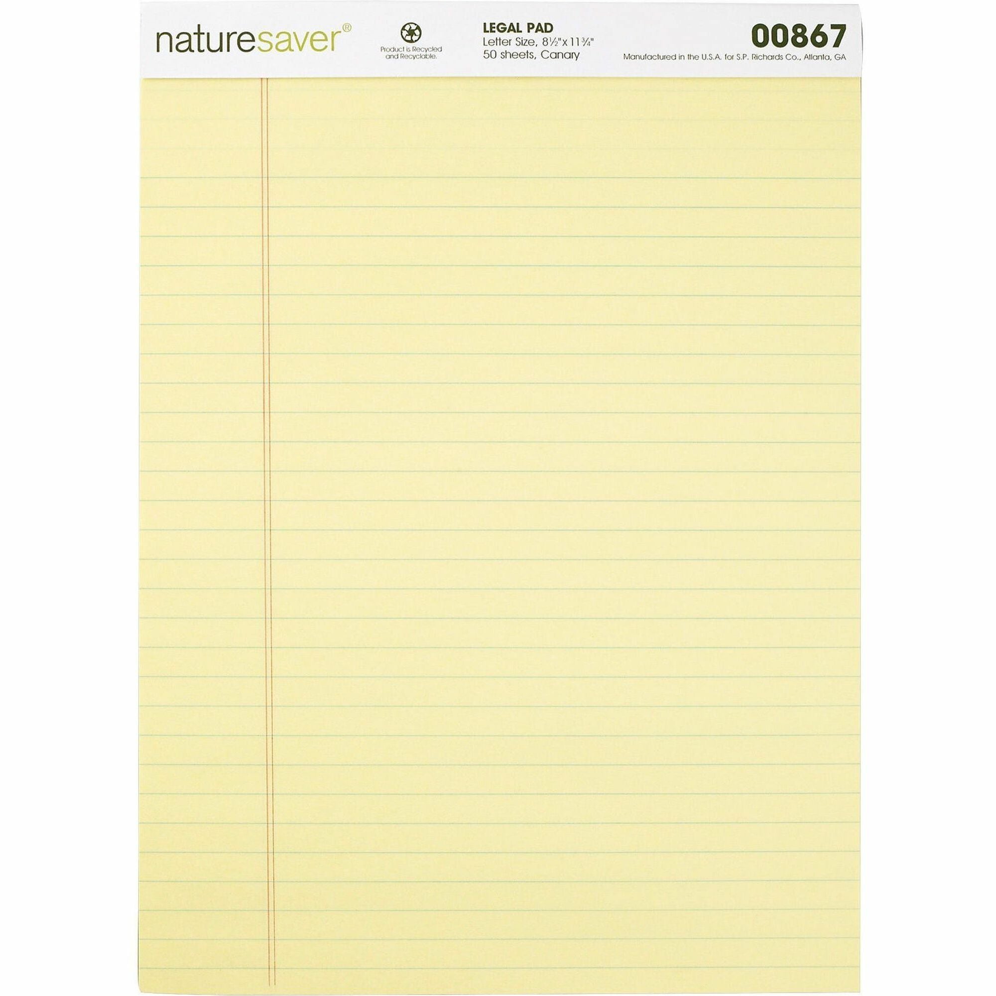 Nature Saver 100% Recycled Canary Legal Ruled Pads - 50 Sheets - 0.34" Ruled - 15 lb Basis Weight - 8 1/2" x 11 3/4" - Canary Paper - Perforated, Stiff-back, Back Board, Easy Tear - Recycled - 1 Dozen -