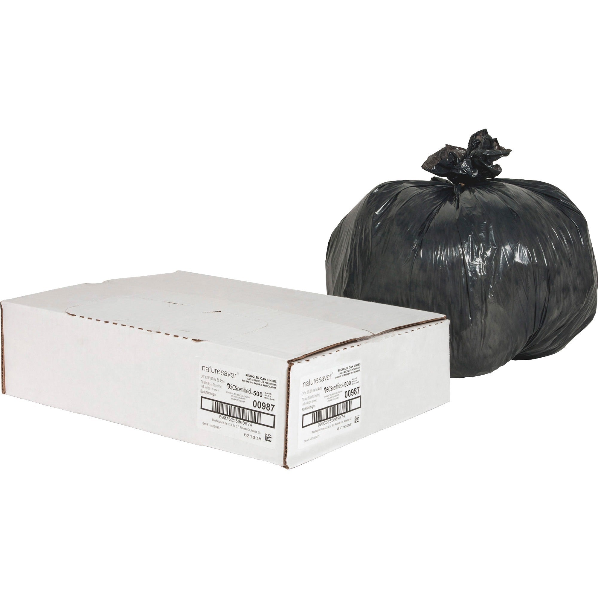 Nature Saver Black Low-density Recycled Can Liners - Small Size - 10 gal Capacity - 24" Width x 23" Length - 0.85 mil (22 Micron) Thickness - Low Density - Black - Plastic - 500/Carton - Cleaning Supplies - Recycled -