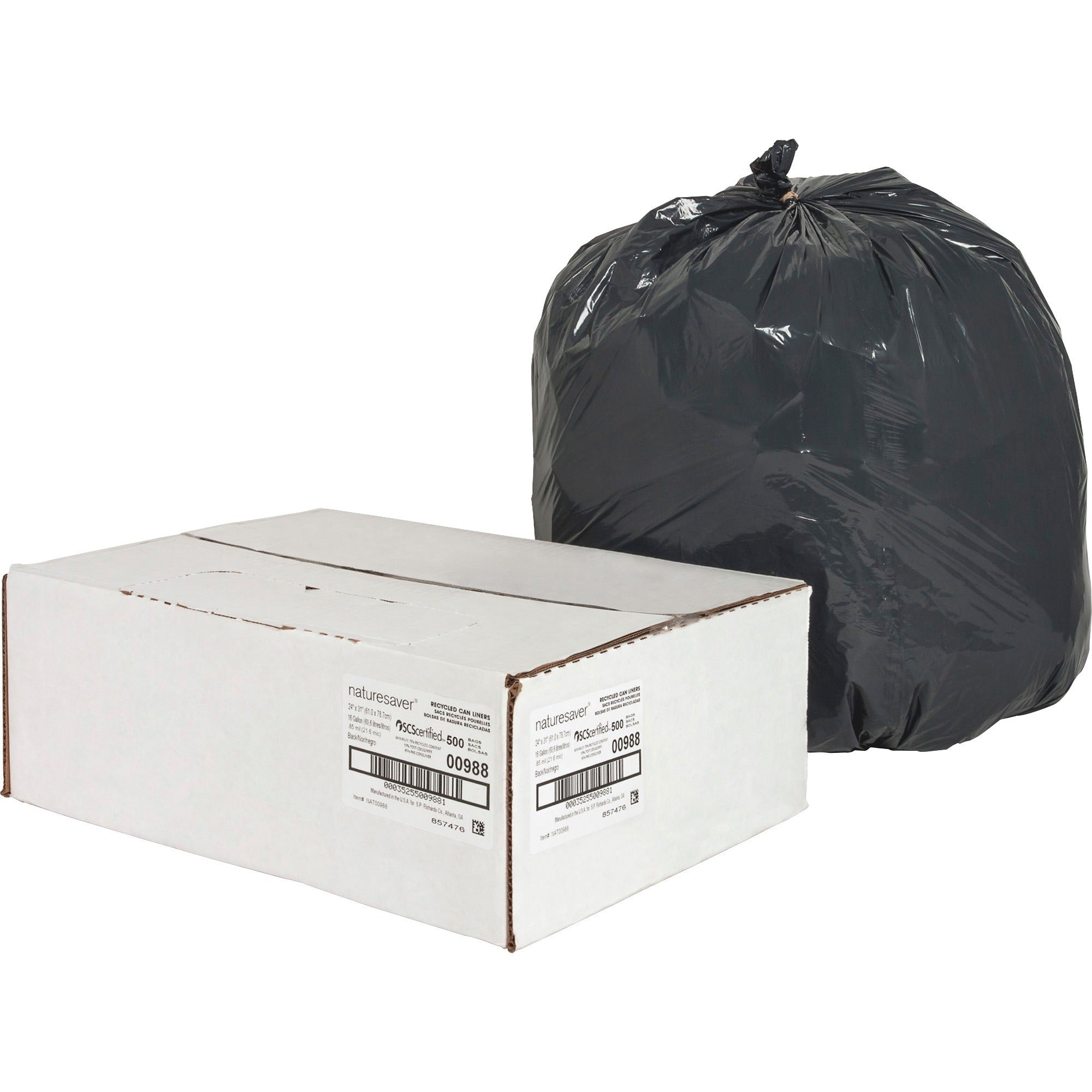 Nature Saver Black Low-density Recycled Can Liners - Small Size - 16 gal Capacity - 24" Width x 33" Length - 0.85 mil (22 Micron) Thickness - Low Density - Black - Plastic - 500/Carton - Cleaning Supplies - Recycled -