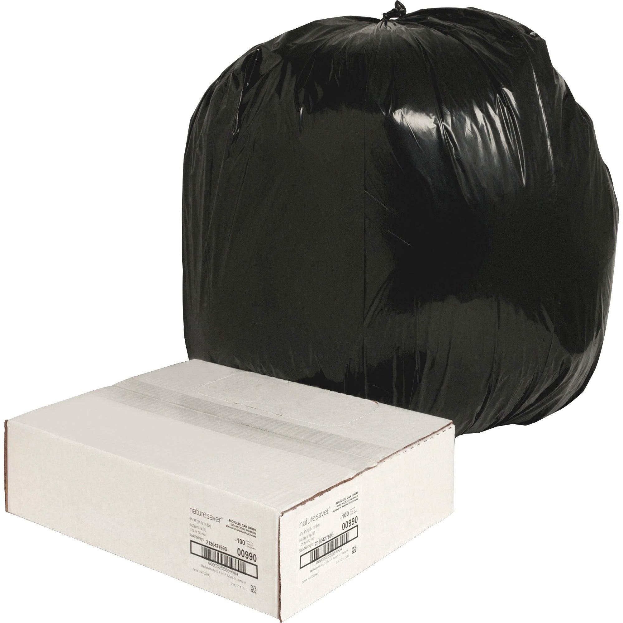 Nature Saver Black Low-density Recycled Can Liners - Large Size - 45 gal Capacity - 40" Width x 46" Length - 1.25 mil (32 Micron) Thickness - Low Density - Black - Plastic - 100/Carton - Cleaning Supplies - Recycled -