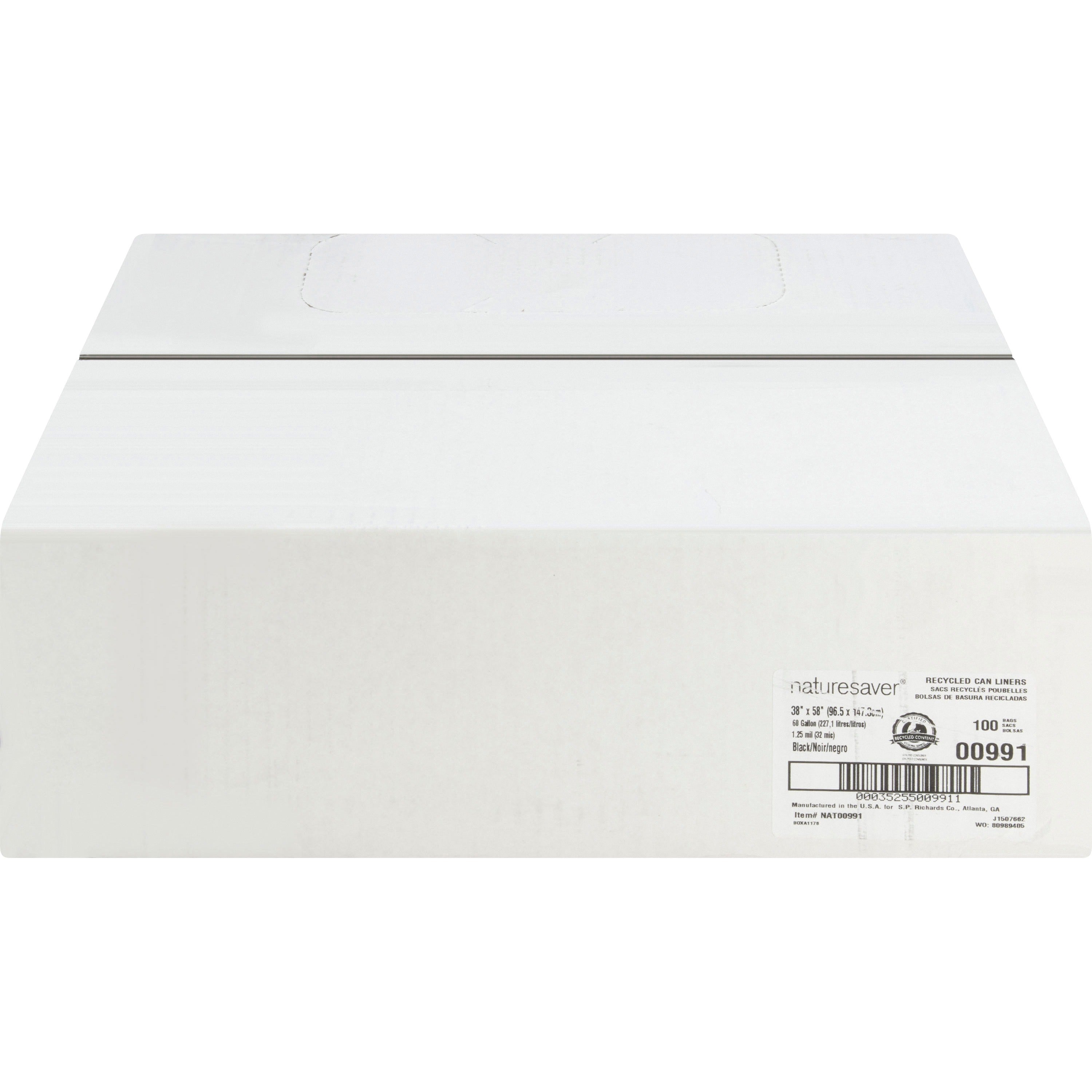 Nature Saver Black Low-density Recycled Can Liners - Extra Large Size - 60 gal Capacity - 38" Width x 58" Length - 1.25 mil (32 Micron) Thickness - Low Density - Black - Plastic - 100/Carton - Cleaning Supplies - Recycled -