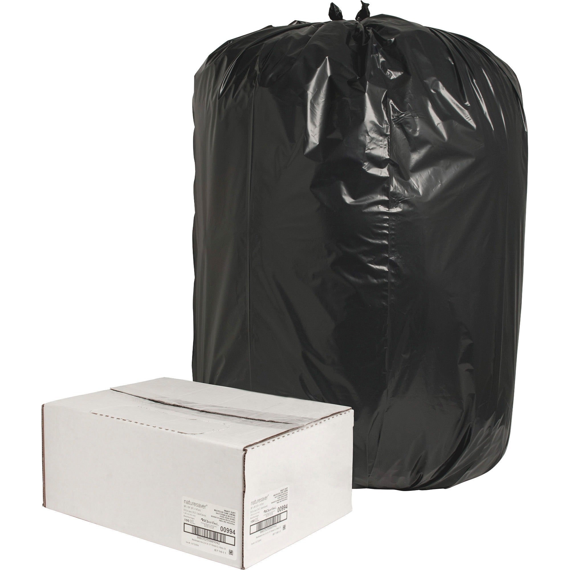 Nature Saver Black Low-density Recycled Can Liners - Extra Large Size - 60 gal Capacity - 38" Width x 58" Length - 1.65 mil (42 Micron) Thickness - Low Density - Black - Plastic - 100/Carton - Cleaning Supplies - Recycled -