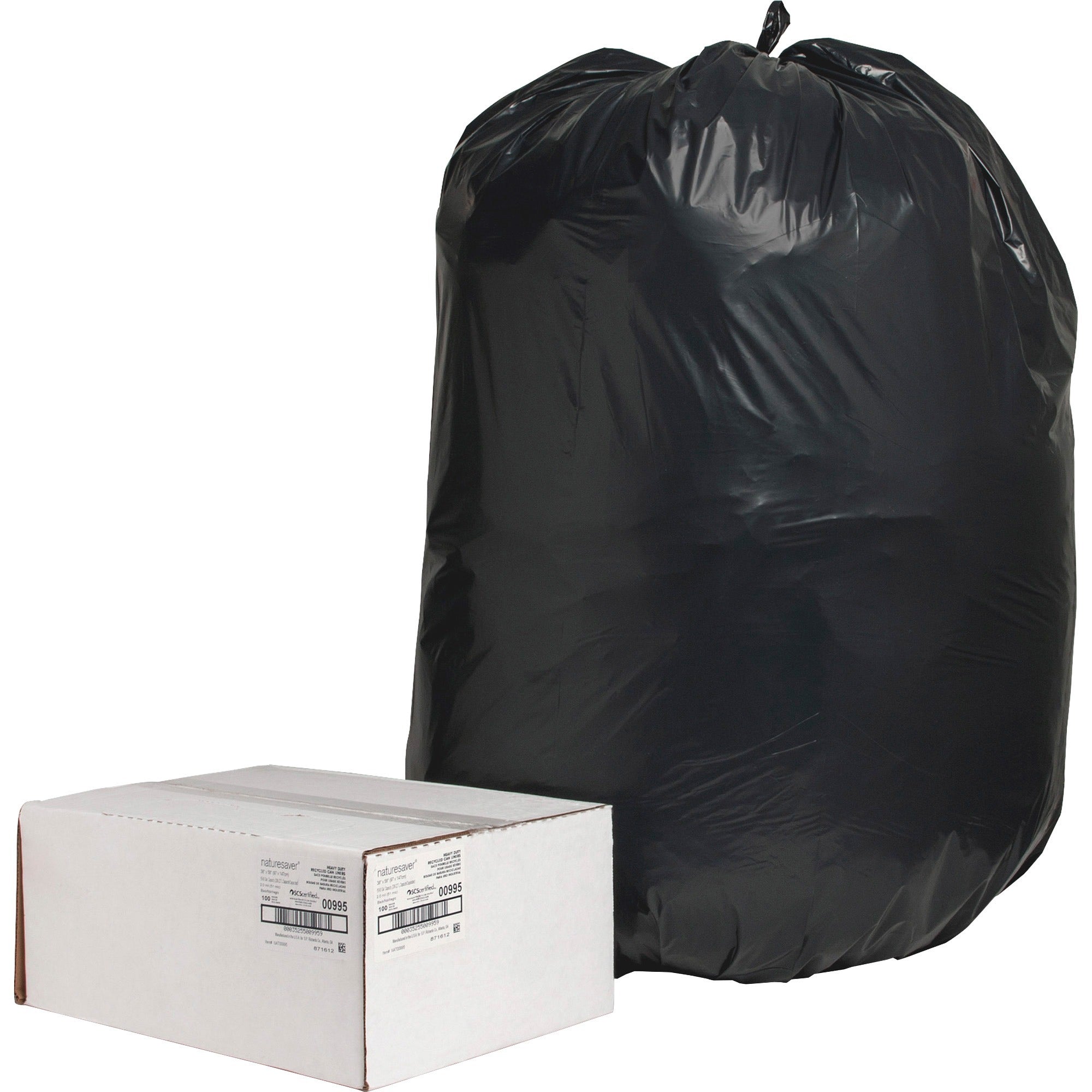 Nature Saver Black Low-density Recycled Can Liners - Extra Large Size - 60 gal Capacity - 38" Width x 58" Length - 2 mil (51 Micron) Thickness - Low Density - Black - Plastic - 100/Carton - Cleaning Supplies - Recycled -
