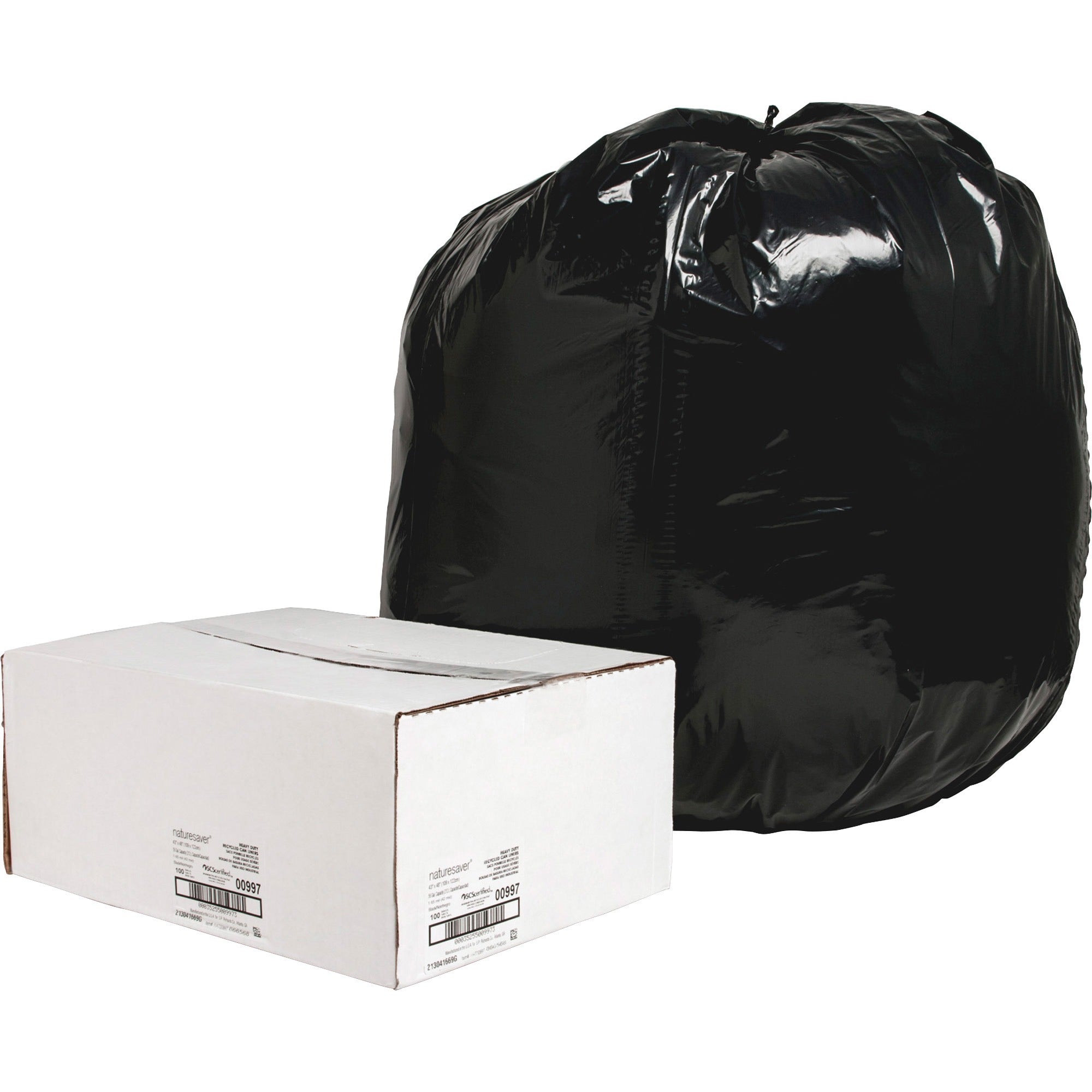 Nature Saver Black Low-density Recycled Can Liners - Extra Large Size - 56 gal Capacity - 43" Width x 48" Length - 1.65 mil (42 Micron) Thickness - Low Density - Black - Plastic - 100/Carton - Cleaning Supplies - Recycled -